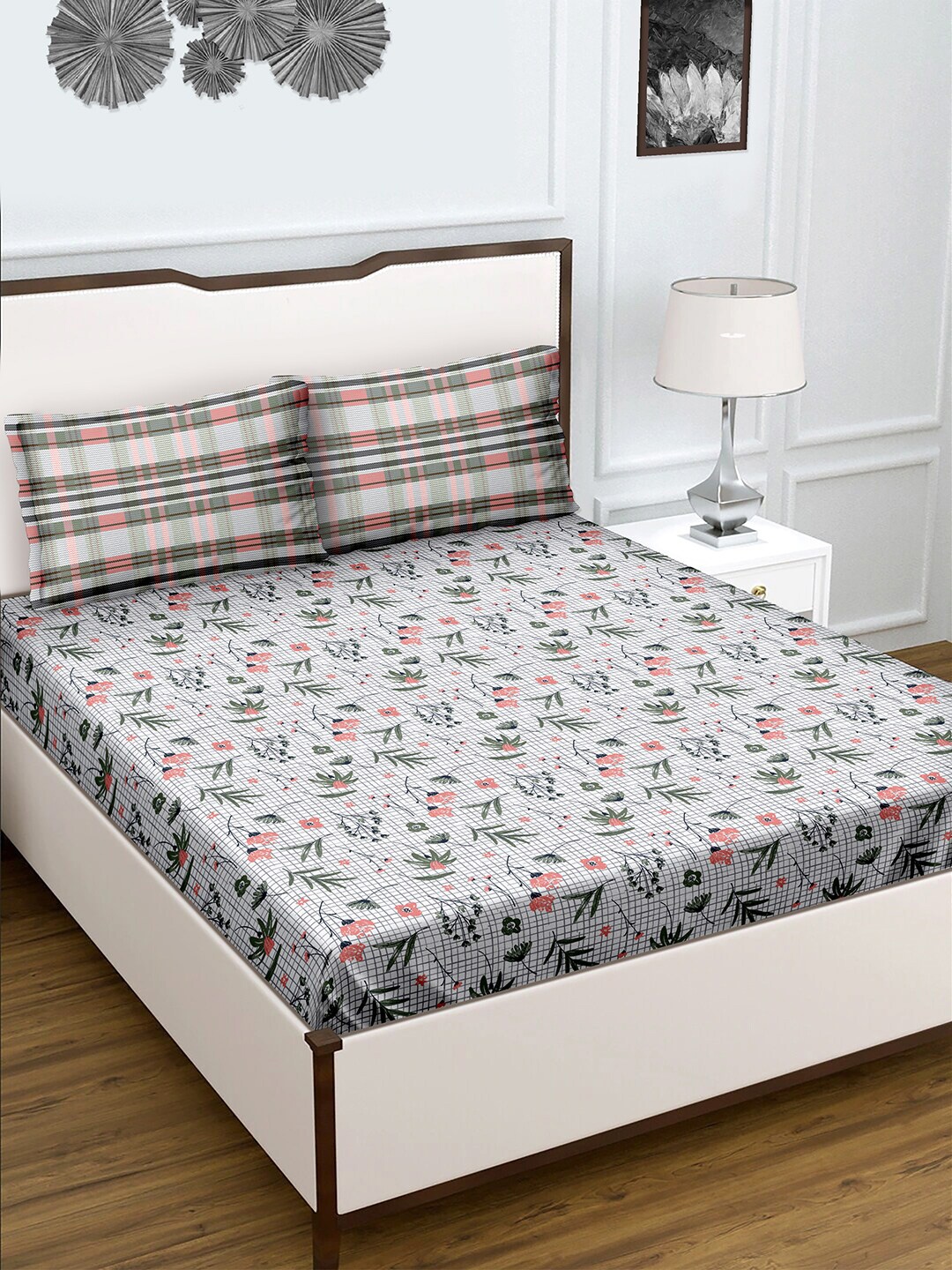 

BELLA CASA Genteel Collection Floral 180 TC Cotton Queen Bedsheet with 2 Pillow Covers, Grey