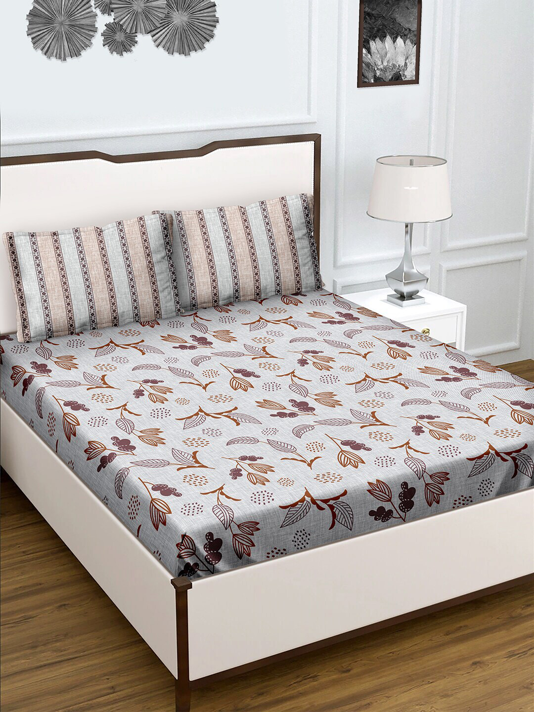 

BELLA CASA Floral Printed 180 TC Cotton Queen Bedsheet with 2 Pillow Covers, Grey