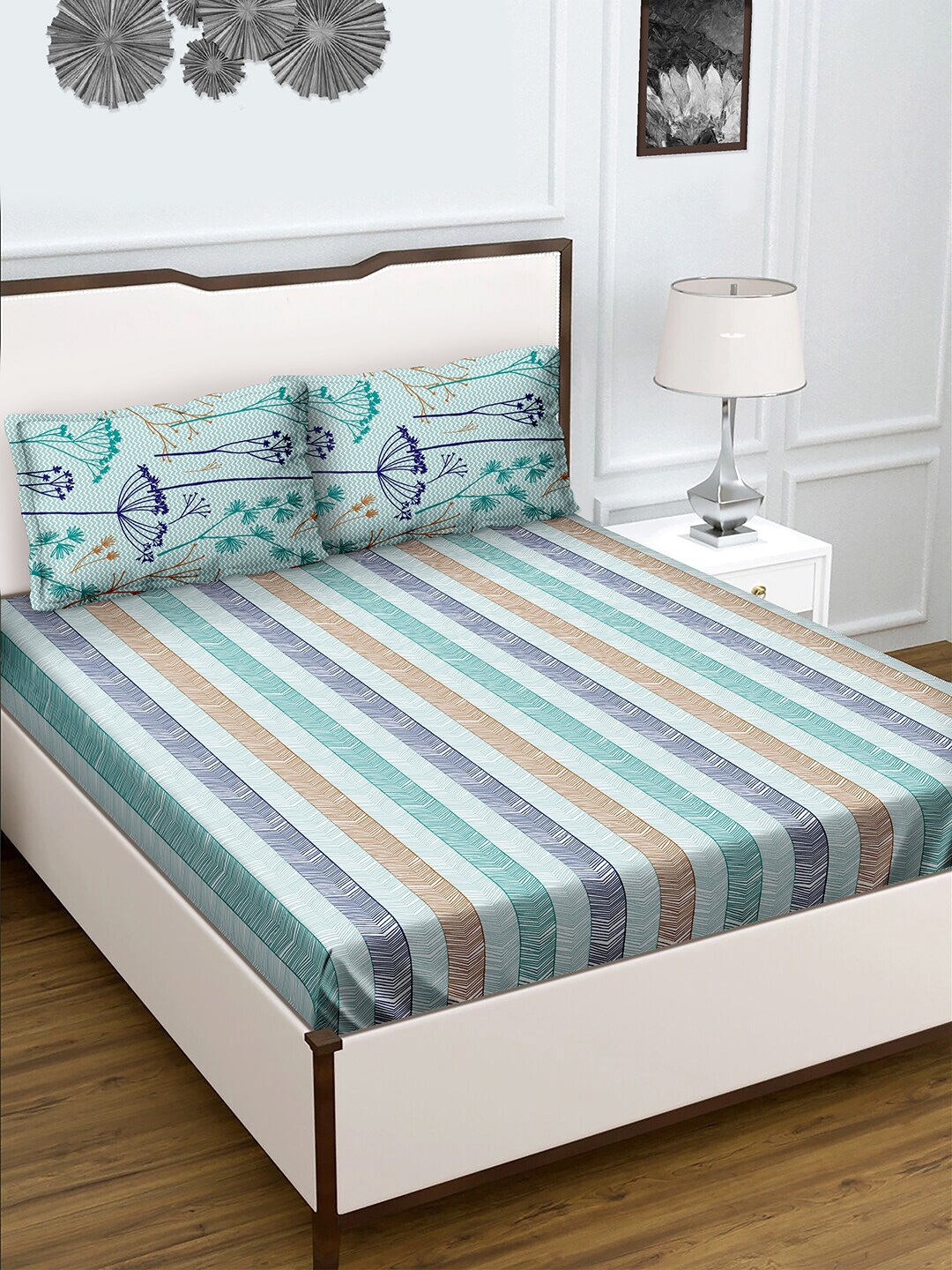 

BELLA CASA Genteel Collection Floral 180 TC Cotton Queen Bedsheet with 2 Pillow Covers, Sea green