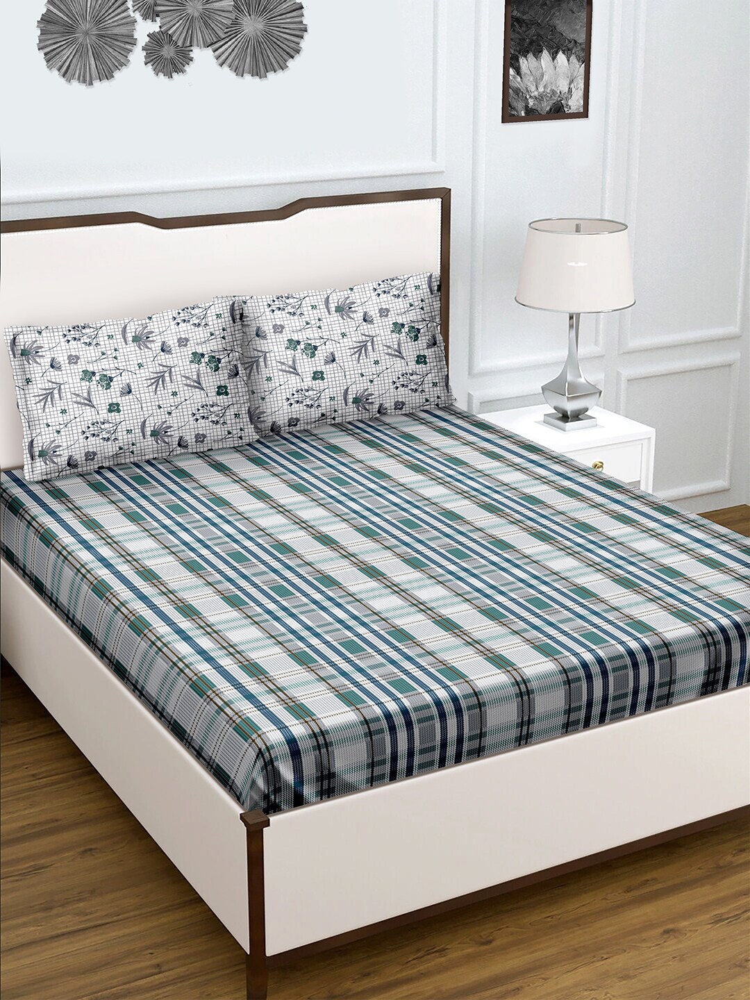 

BELLA CASA Genteel Collection Geometric 180 TC Cotton Queen Bedsheet with 2 Pillow Covers, Teal