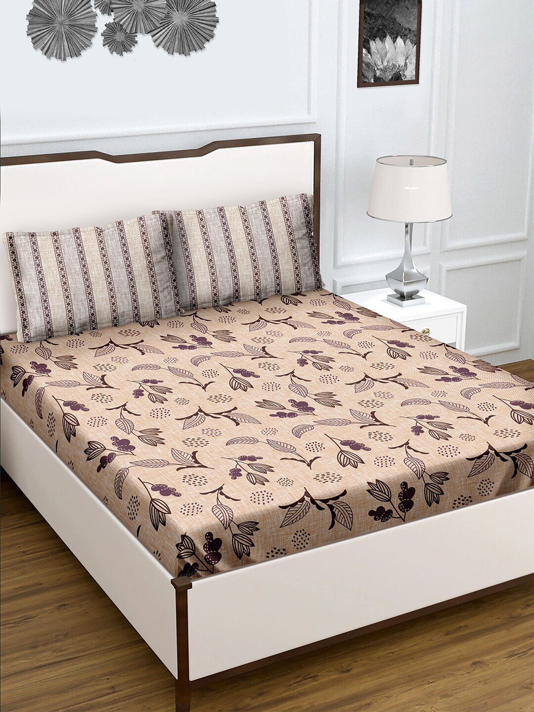 

BELLA CASA Floral Printed 180 TC Cotton Queen Bedsheet with 2 Pillow Covers, Brown
