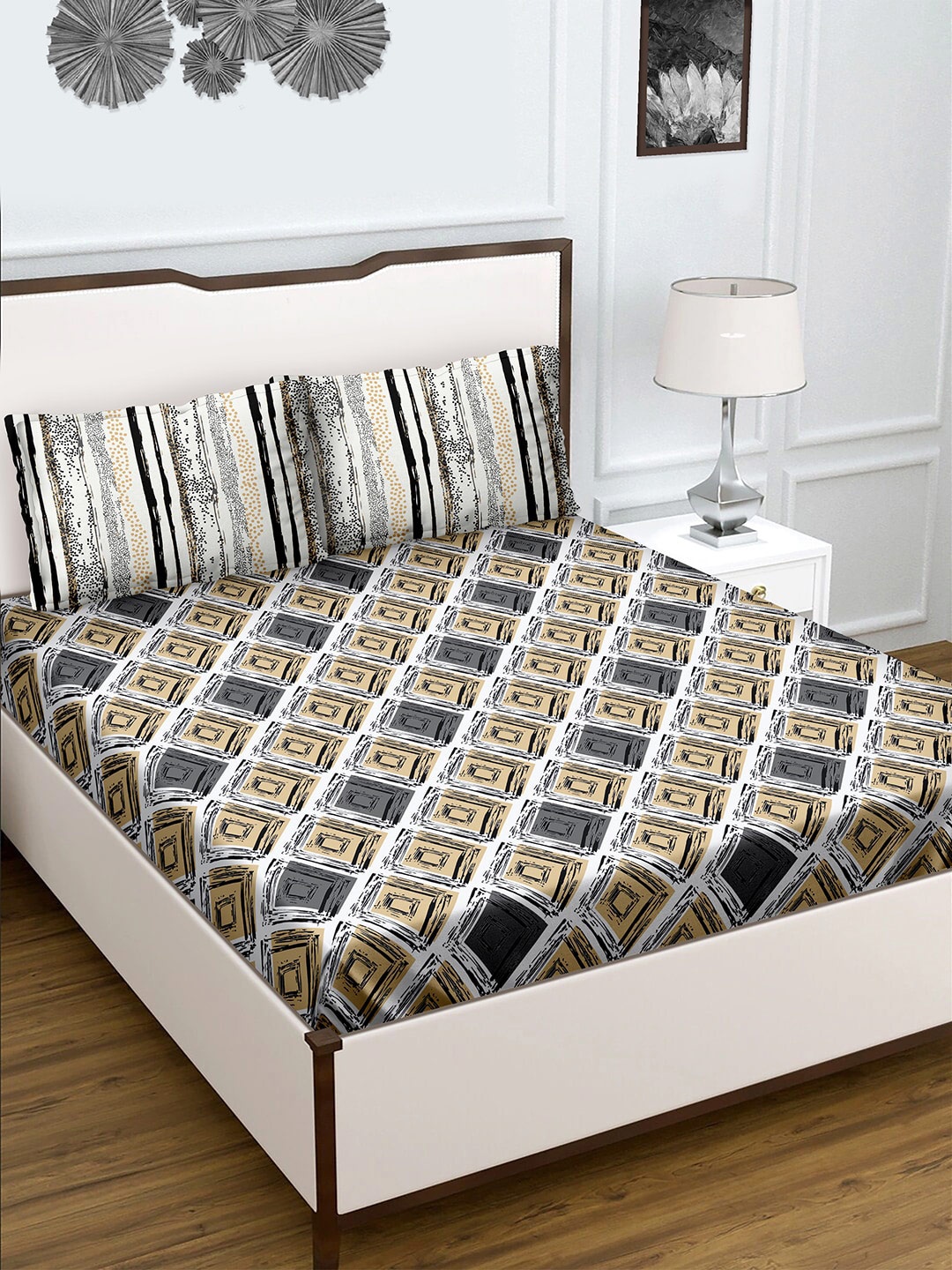 

BELLA CASA Grey & White180 TC Cotton Queen Bedsheet with 2 Pillow Covers