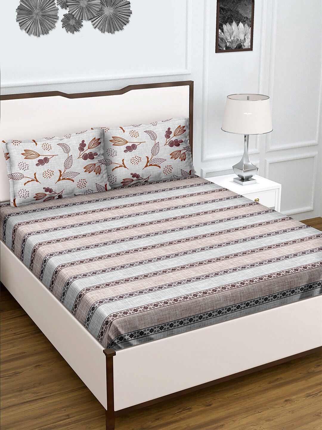 

BELLA CASA Printed 180 TC Cotton Queen Bedsheet with 2 Pillow Covers, Grey