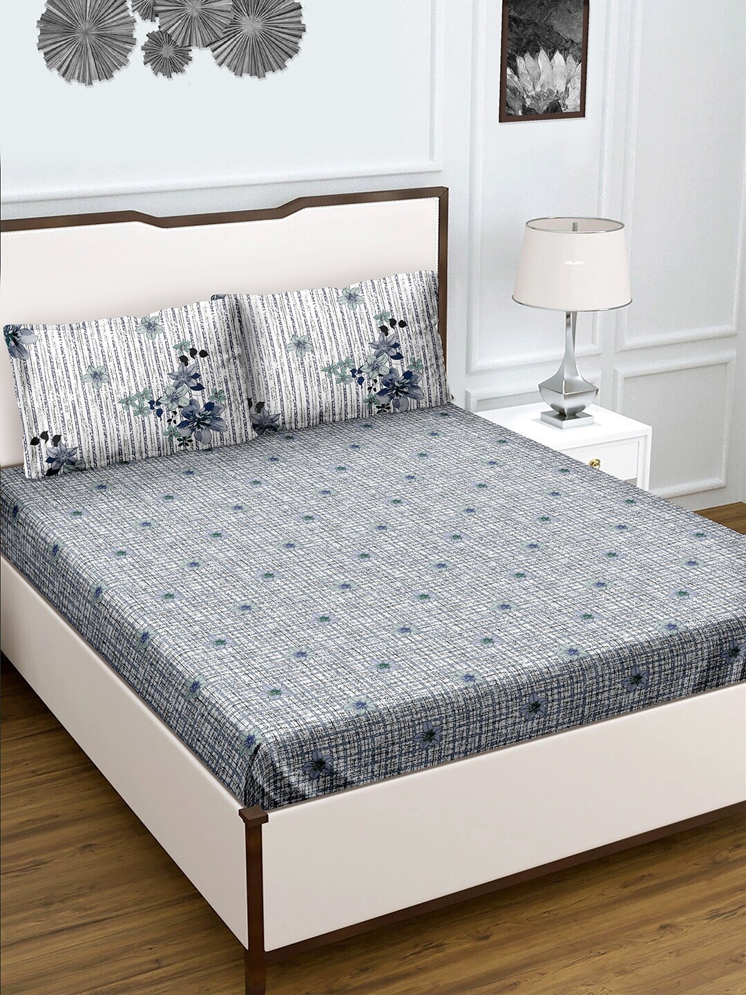 

BELLA CASA Genteel Collection Floral 180 TC Cotton Queen Bedsheet with 2 Pillow Covers, Off white