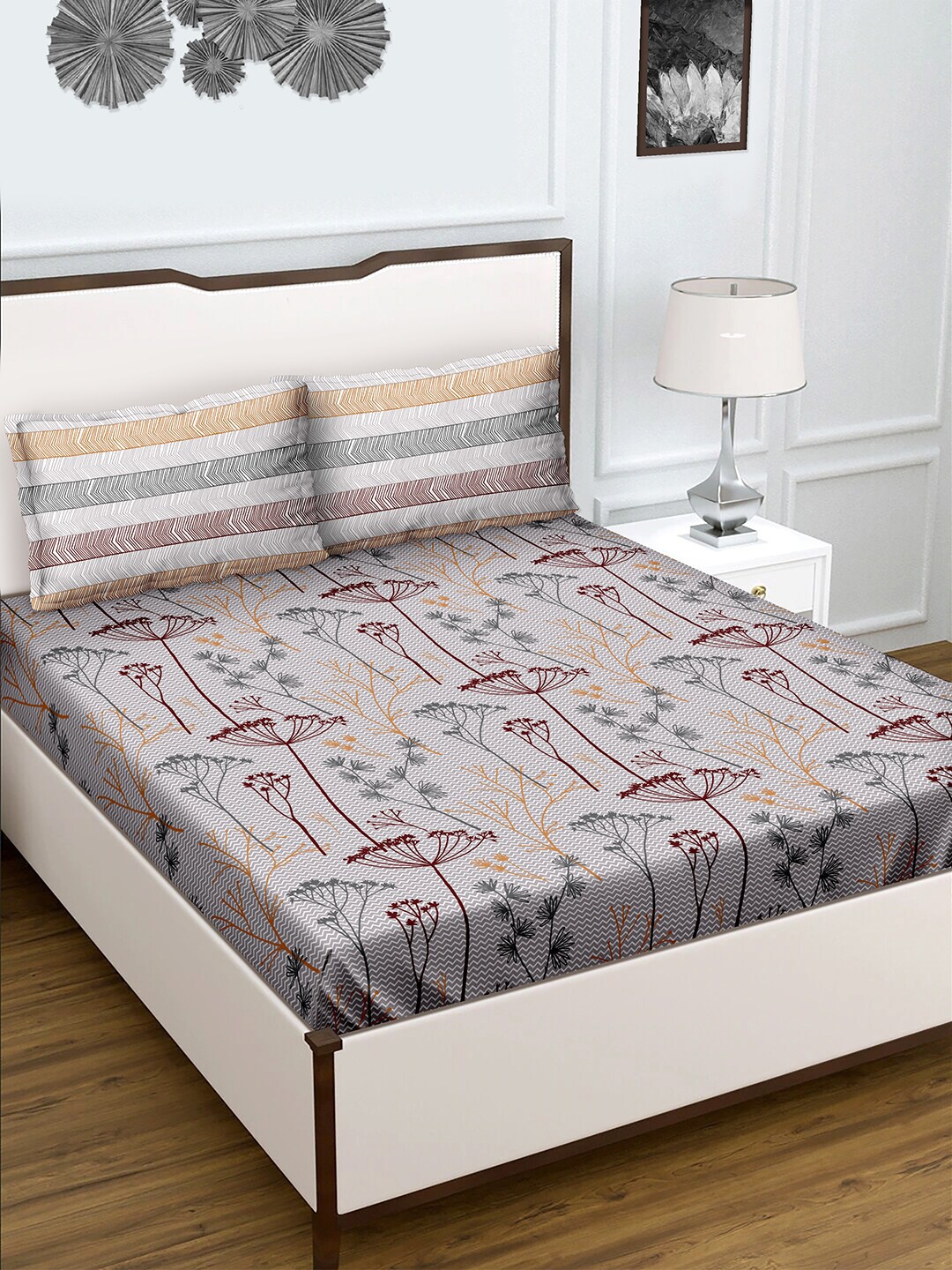 

BELLA CASA Grey & Brown 180 TC Queen Bedsheet with 2 Pillow Covers