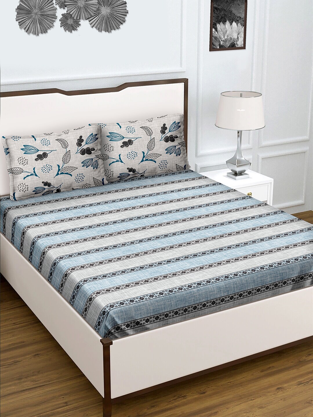

BELLA CASA Blue & Grey 180 TC Queen Bedsheet with 2 Pillow Covers