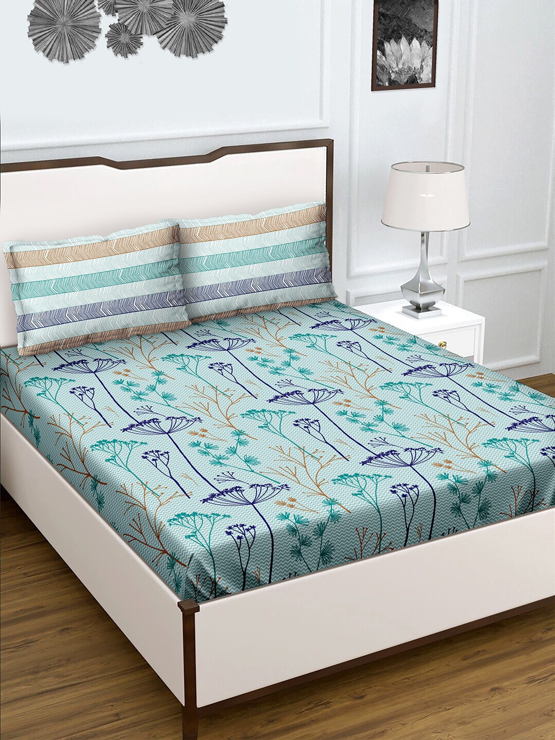 

BELLA CASA Blue & Brown 180 TC Queen Bedsheet with 2 Pillow Covers