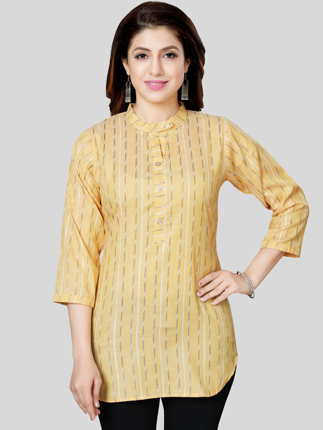 

Saree Swarg Striped Mandarin Collar Kurti, Yellow