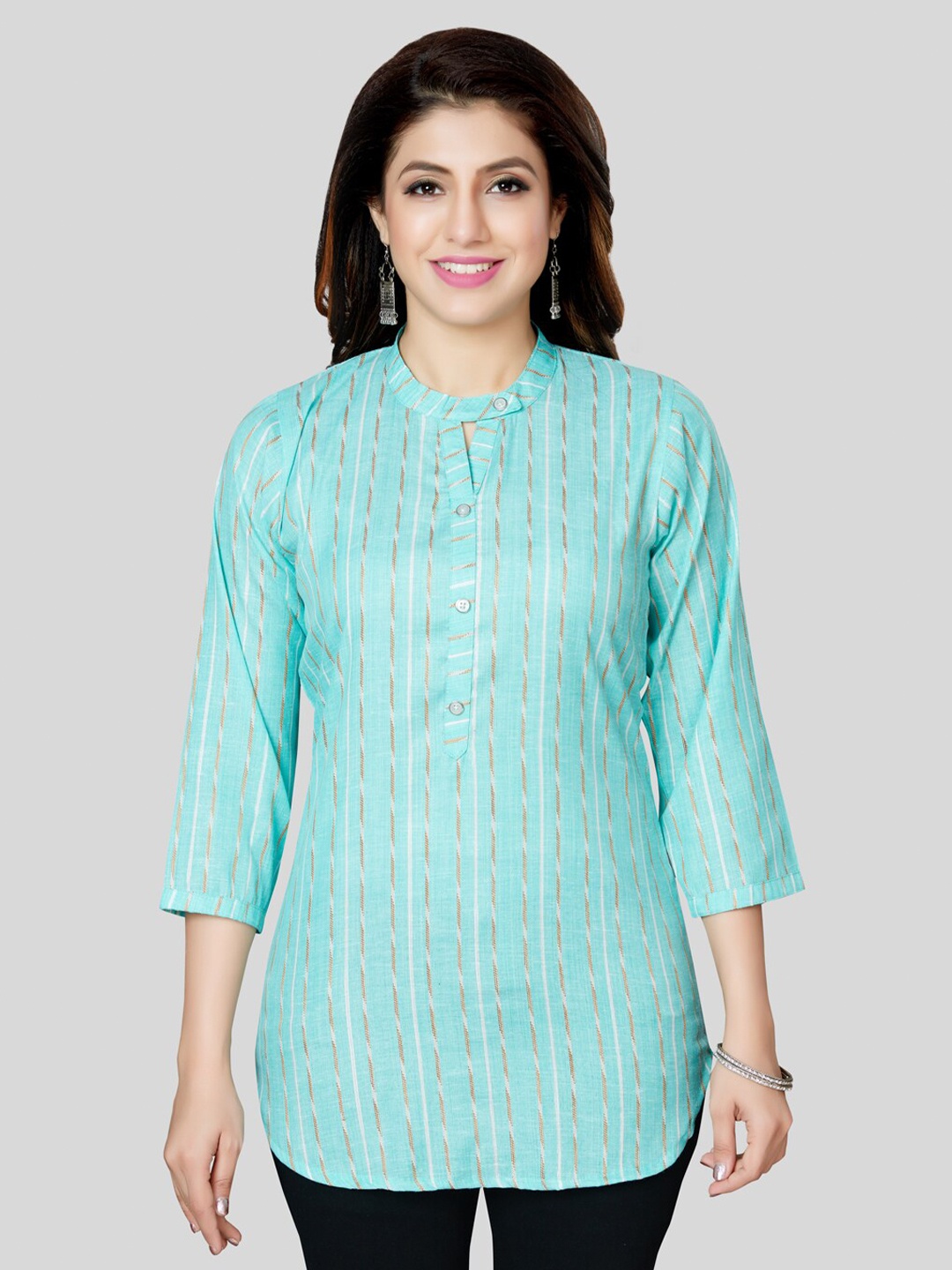 

Saree Swarg Striped Mandarin Collar Kurti, Sea green