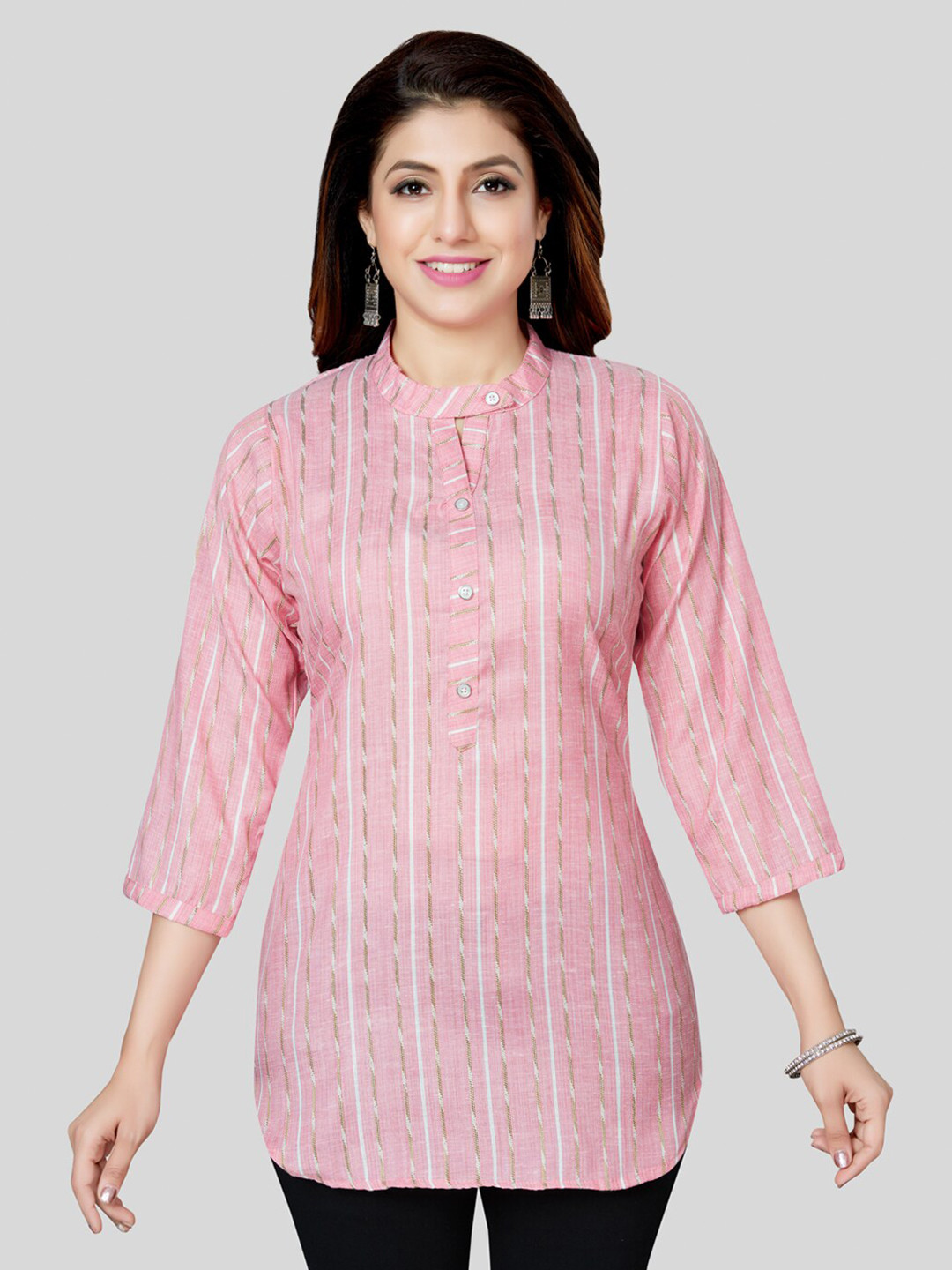 

Saree Swarg Striped Mandarin Collar Kurti, Pink