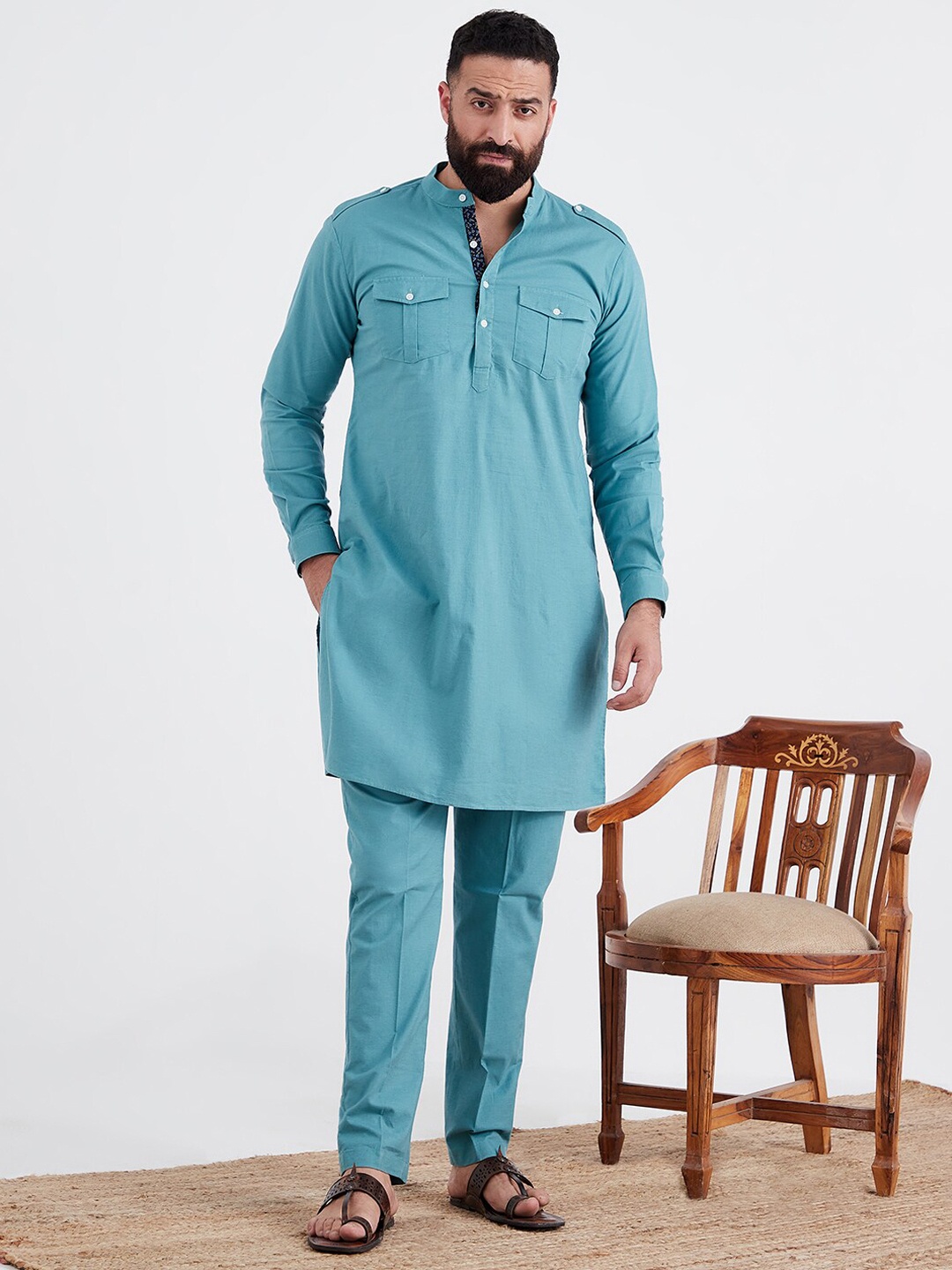 

MR BUTTON Men Blue Pure Cotton Kurta with Trousers