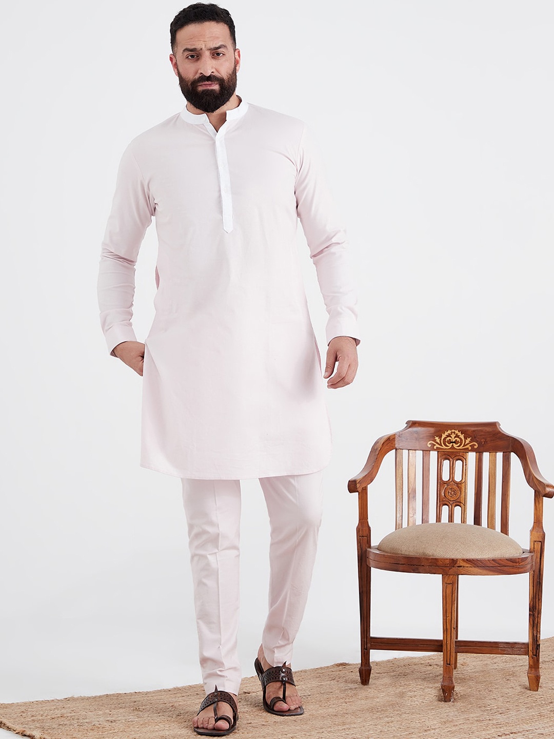 

MR BUTTON Men Pure Cotton Kurta with Trousers, Pink