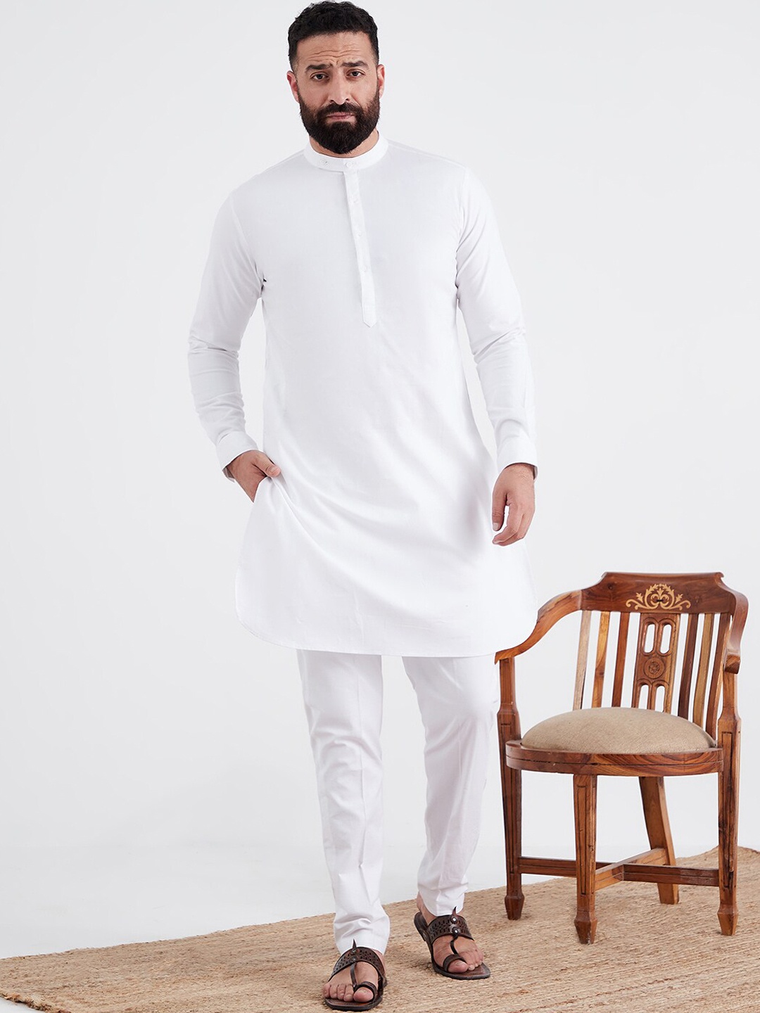 

MR BUTTON Men White Pure Cotton Kurta with Trousers