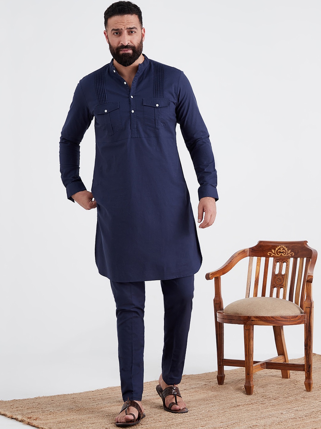 

MR BUTTON Men Navy Blue Pure Cotton Kurta with Trousers