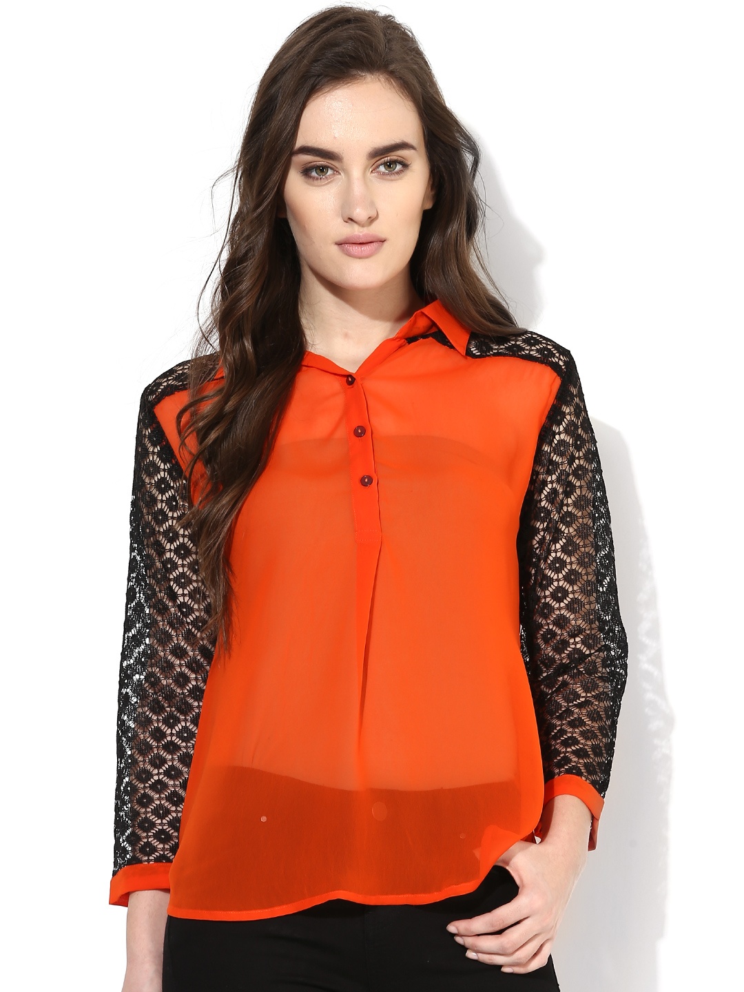

Aum Women Orange Colourblocked Lace Detail Shirt-Style Top
