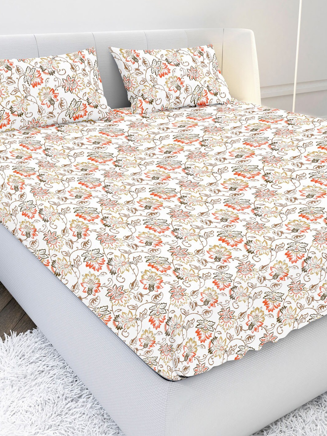 

MAYFAIR HOMES LONDON White & Orange Floral 144 TC King Bedsheet with 2 Pillow Covers