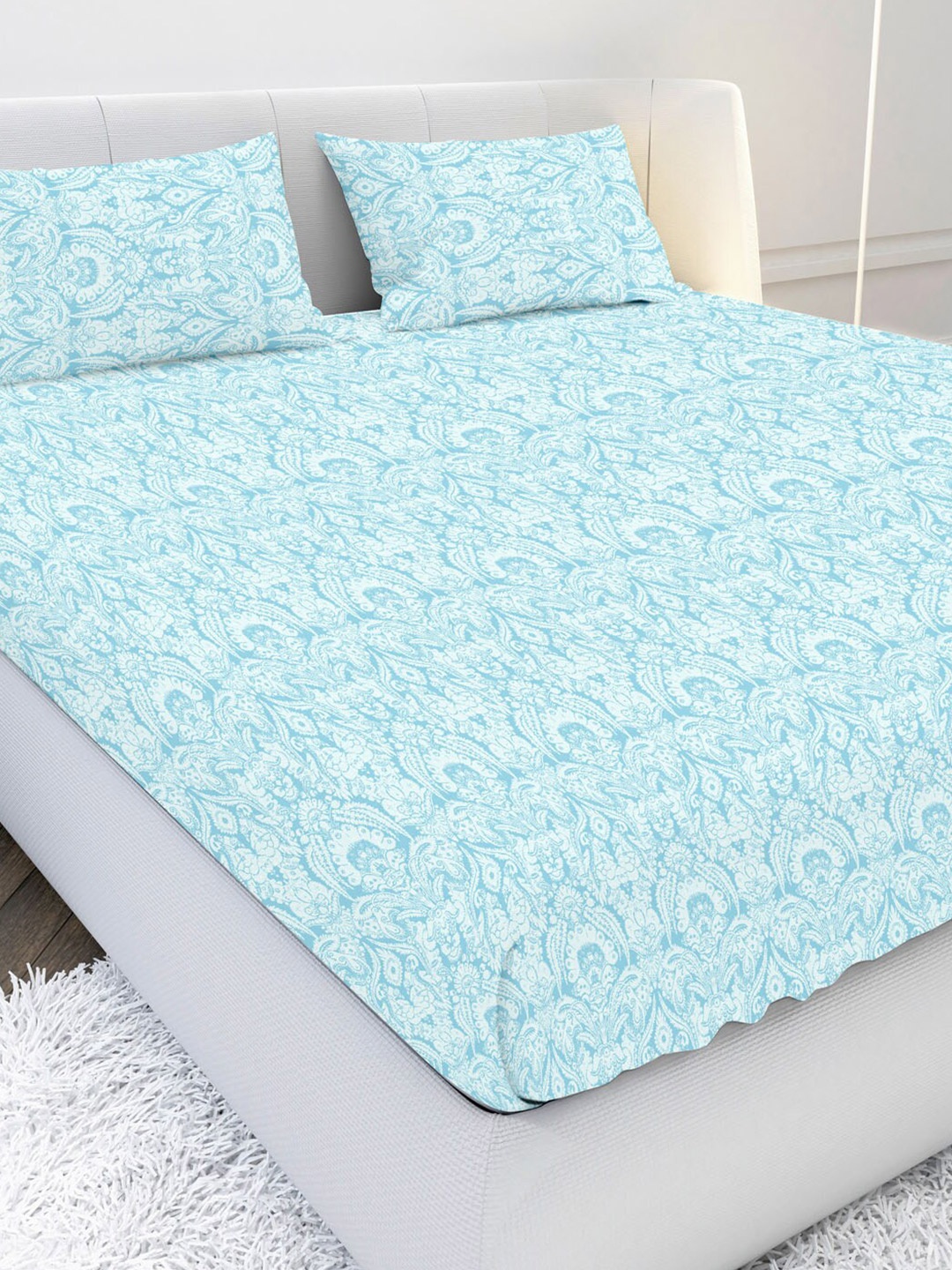 

MAYFAIR HOMES LONDON Blue & White Floral 210 TC Cotton King Bedsheet with 2 Pillow Covers