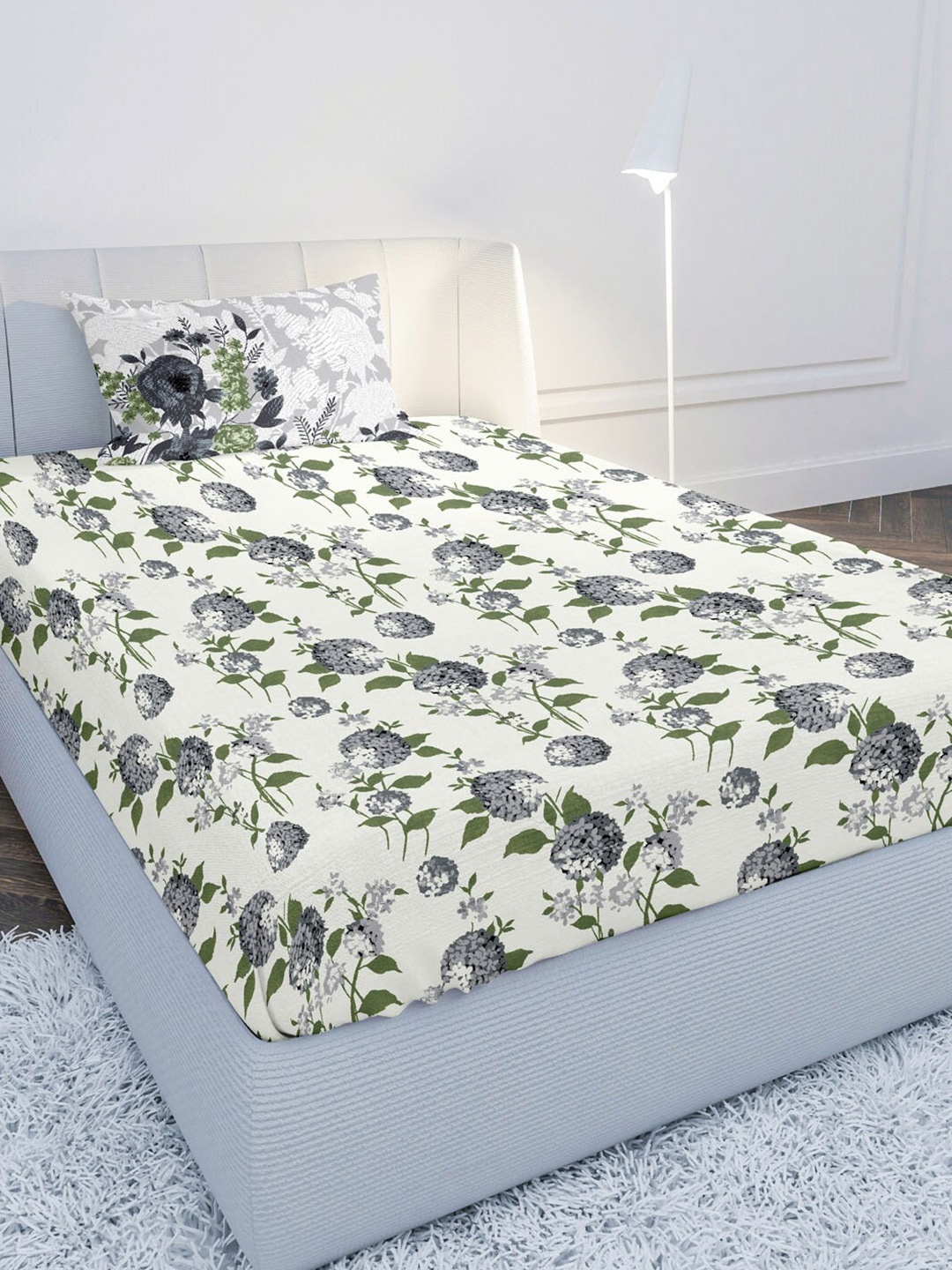 

MAYFAIR HOMES LONDON Grey & White Floral 144 TC Single Bedsheet with 1 Pillow Covers