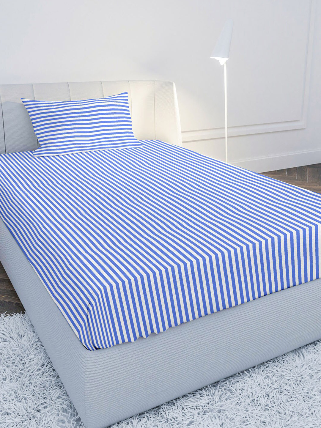 

MAYFAIR HOMES LONDON Blue & White Striped 144 TC Single Bedsheet with 1 Pillow Covers