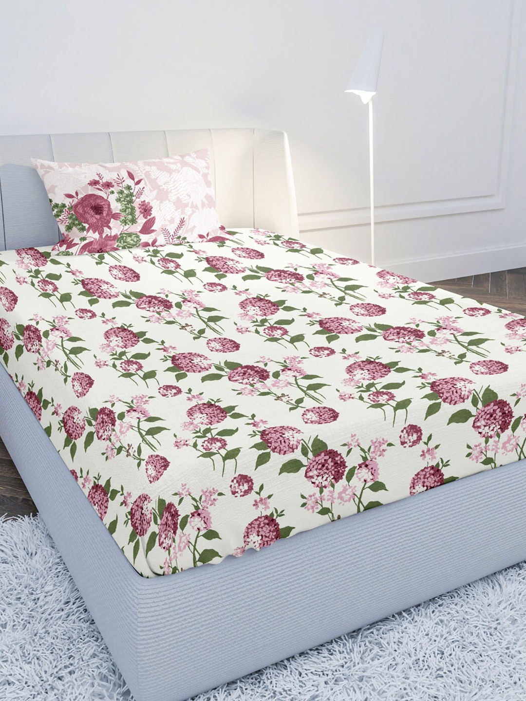 

MAYFAIR HOMES LONDON White & Magenta Floral 144 TC Single Bedsheet with 1 Pillow Covers