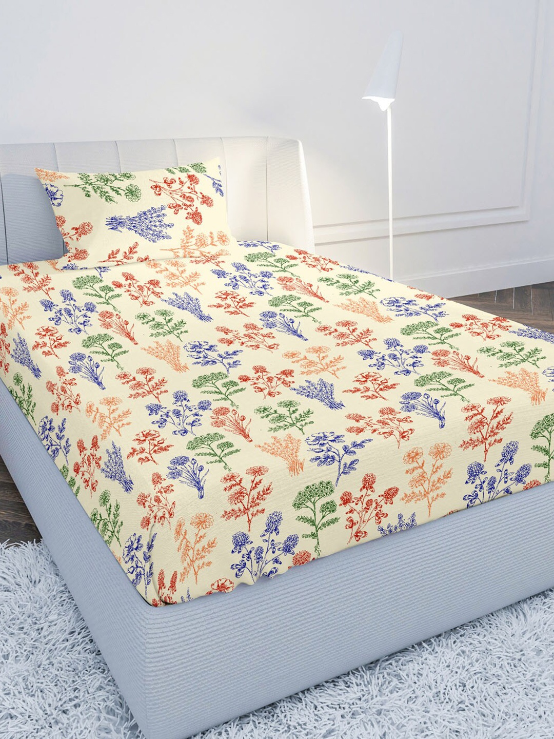 

MAYFAIR HOMES LONDON Cream-Coloured & Blue Floral 104 TC Single Bedsheet with 1 Pillow Covers