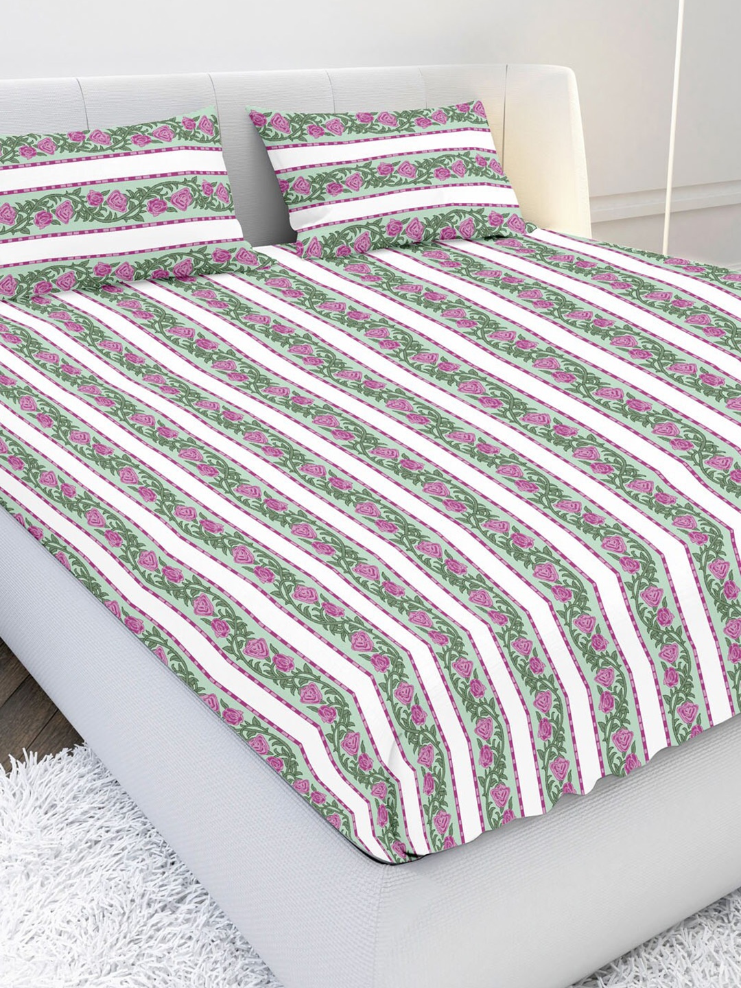 

MAYFAIR HOMES LONDON White & Green Floral 144 TC King Bedsheet with 2 Pillow Covers