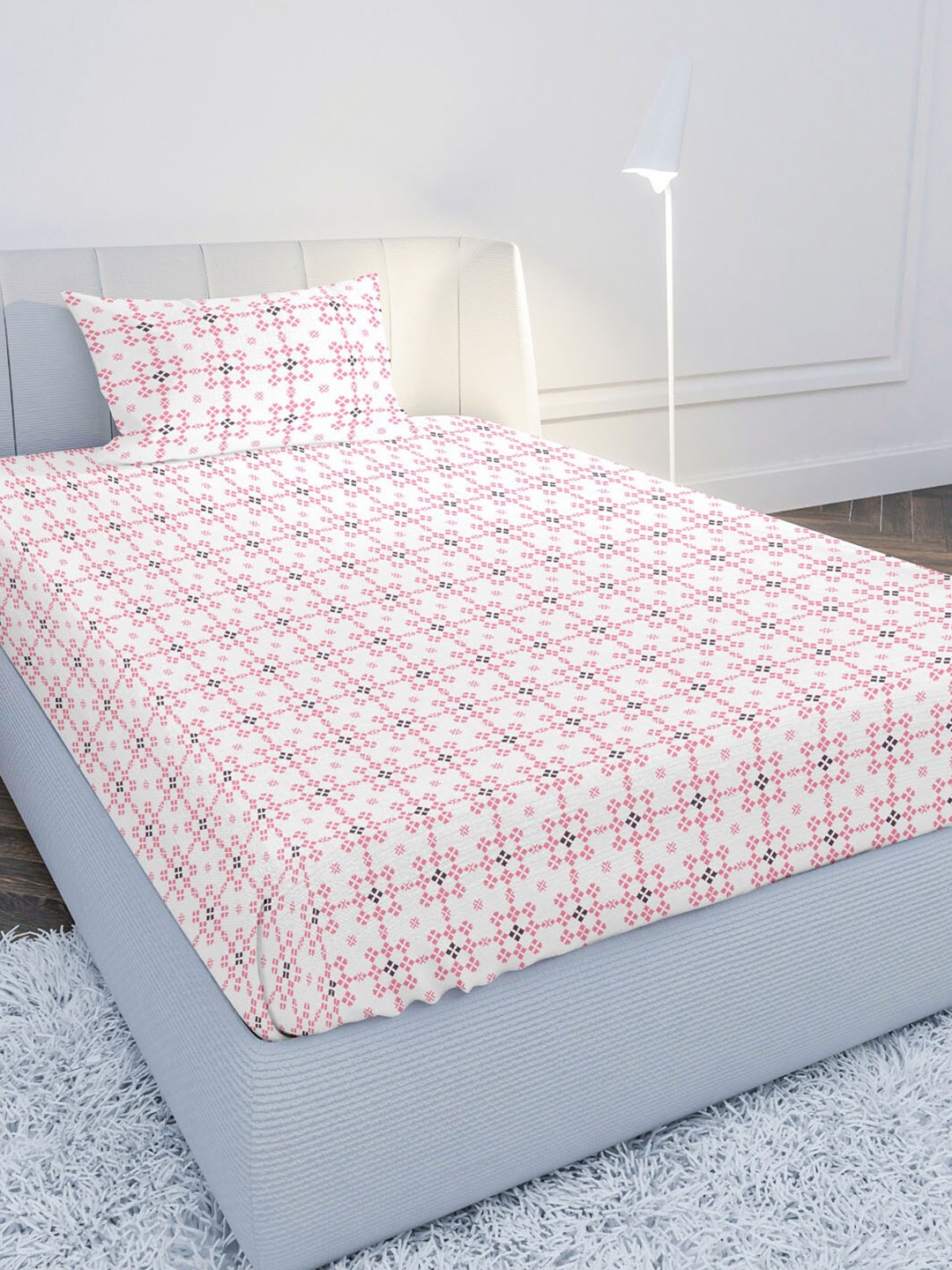 

MAYFAIR HOMES LONDON White & Pink Geometric 104 TC Single Bedsheet with 1 Pillow Covers
