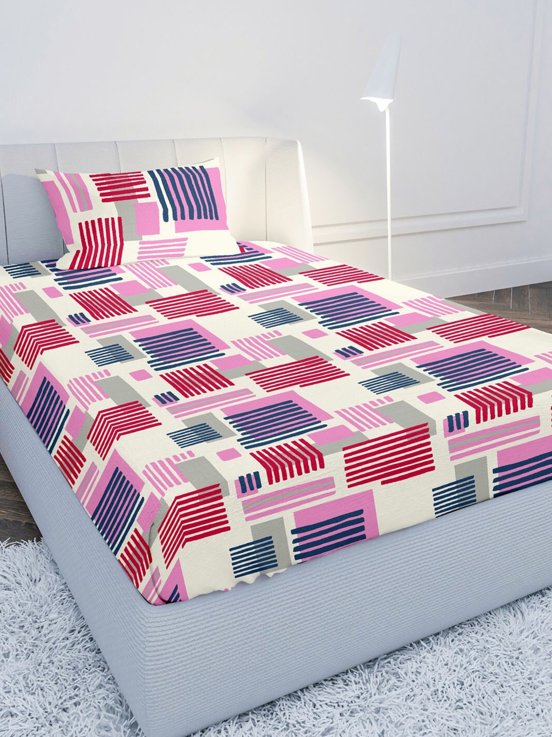 

MAYFAIR HOMES LONDON Beige & Grey Geometric 104 TC Single Bedsheet with 1 Pillow Covers