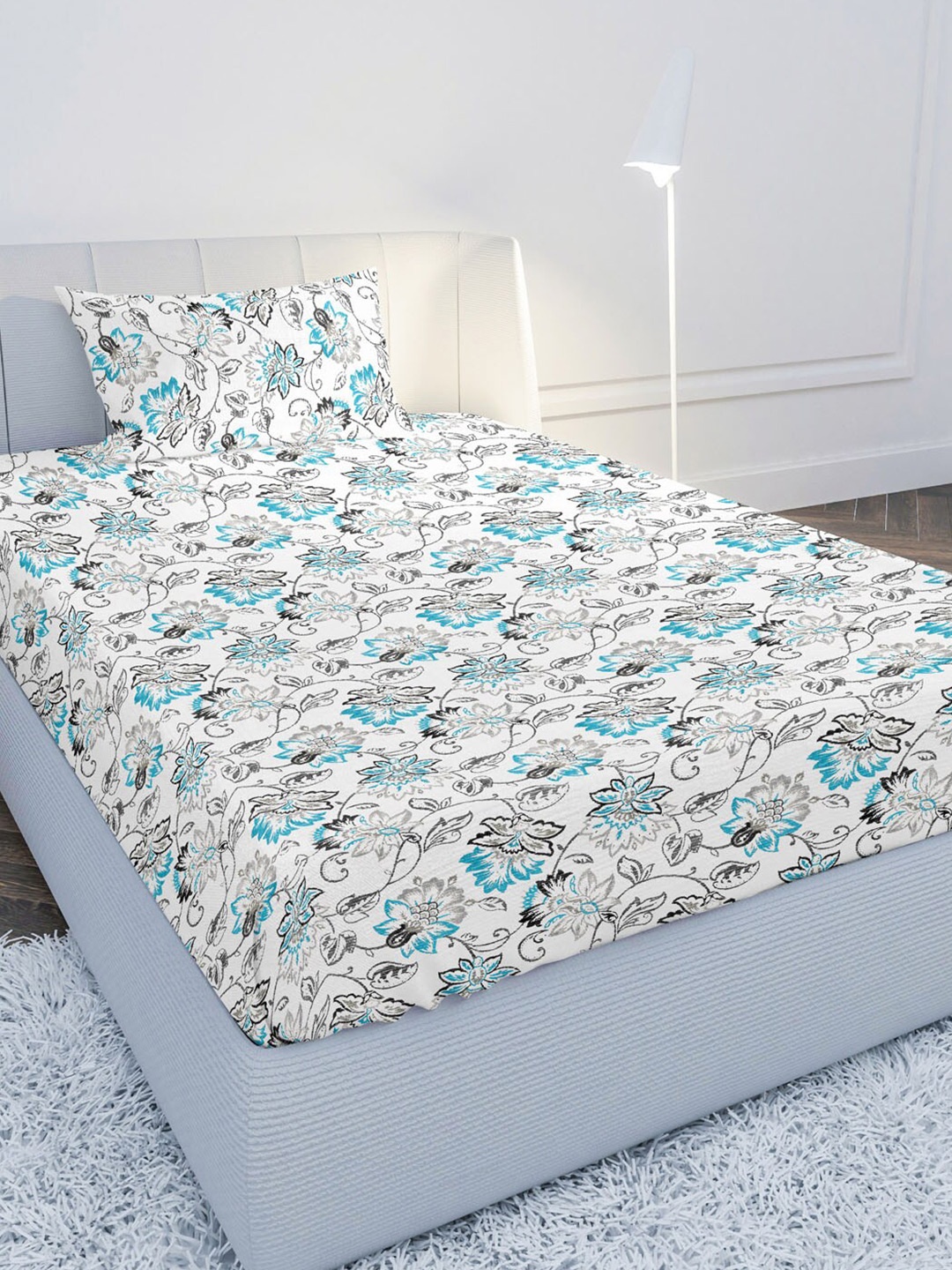 

MAYFAIR HOMES LONDON White & Blue Floral 144 TC Single Bedsheet with 1 Pillow Covers