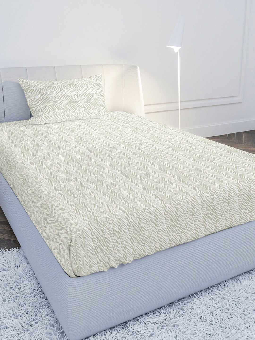 

MAYFAIR HOMES LONDON Green & White Geometric 210 TC Single Bedsheet with 1 Pillow Covers