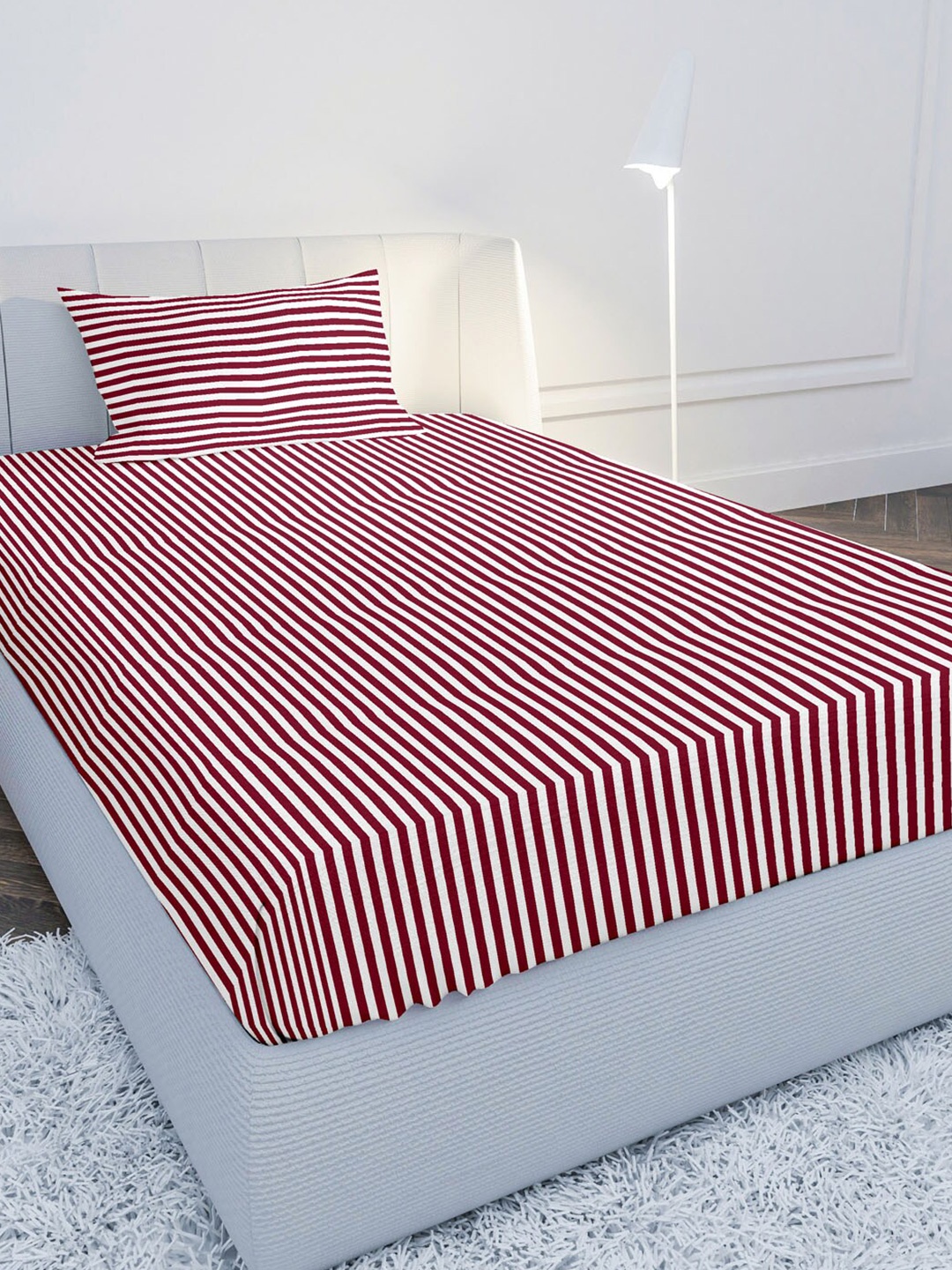 

MAYFAIR HOMES LONDON Maroon & White Striped 144 TC Single Bedsheet with 1 Pillow Covers