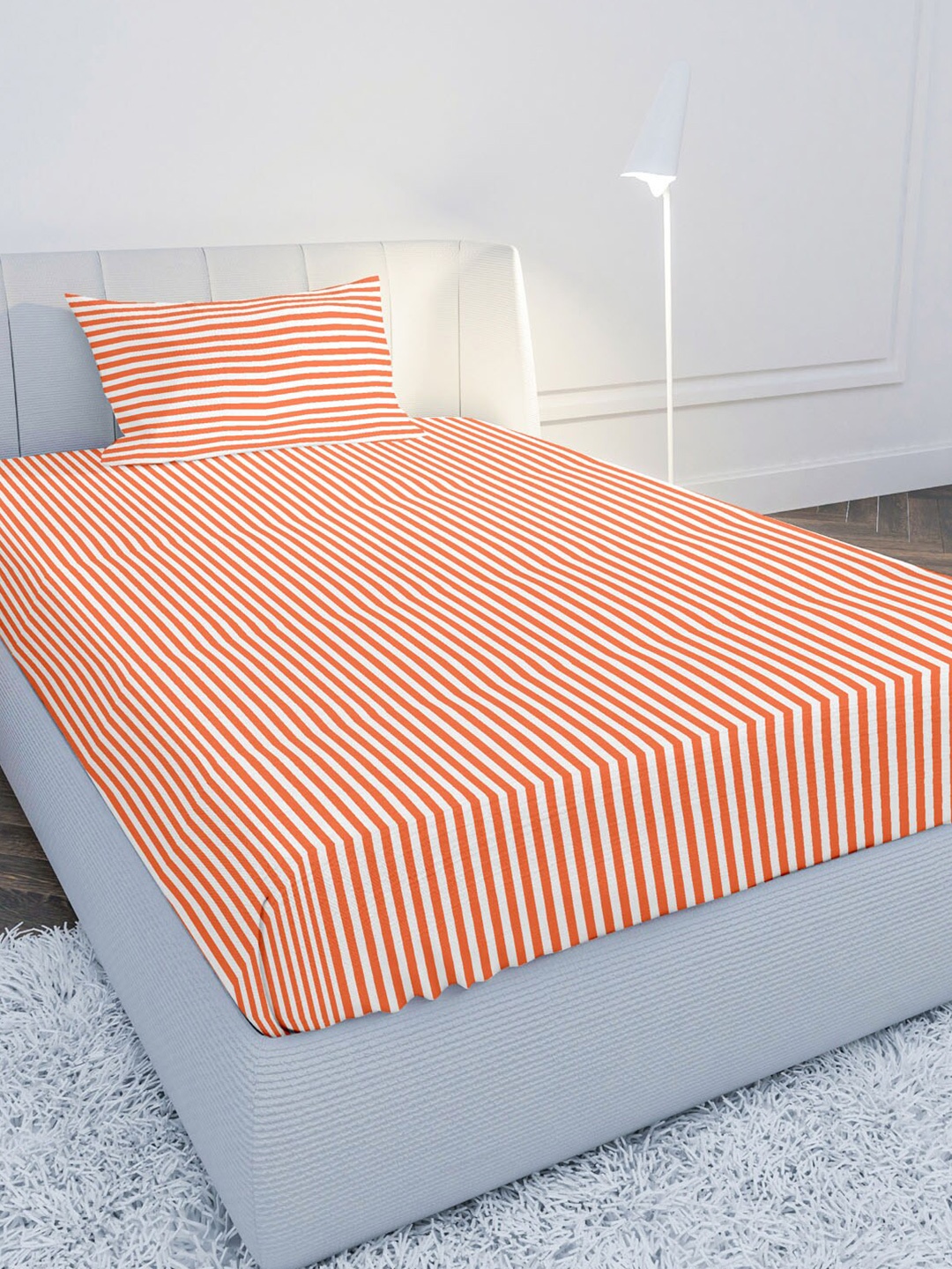 

MAYFAIR HOMES LONDON Orange & White Striped 144 TC Single Bedsheet with 1 Pillow Covers