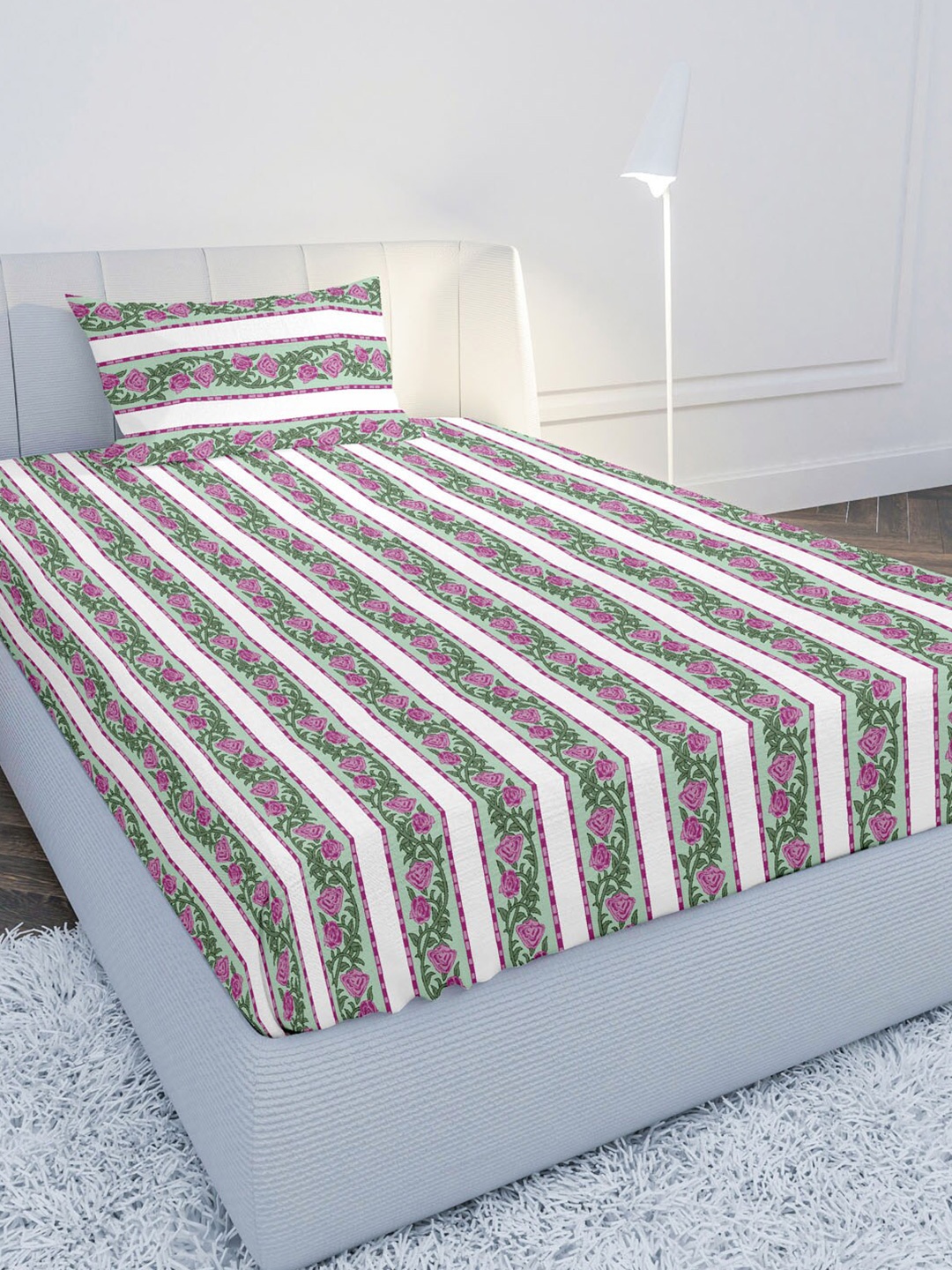 

MAYFAIR HOMES LONDON White & Pink Floral 144 TC Single Bedsheet with 1 Pillow Covers