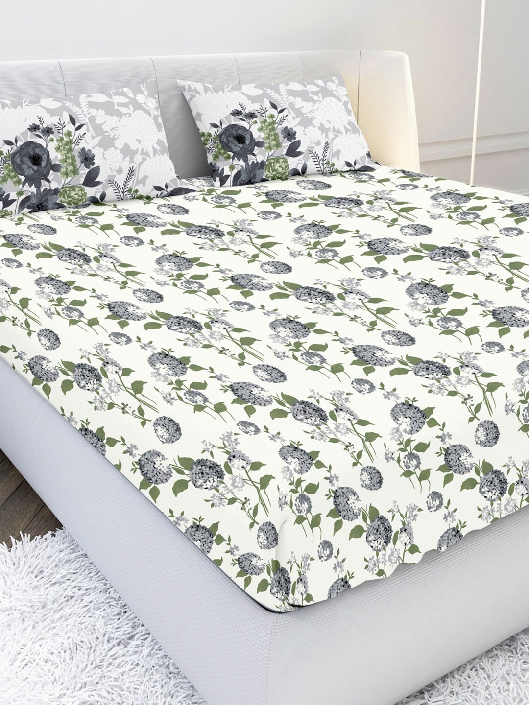 

MAYFAIR HOMES LONDON White & Grey Floral 144 TC King Bedsheet with 2 Pillow Covers