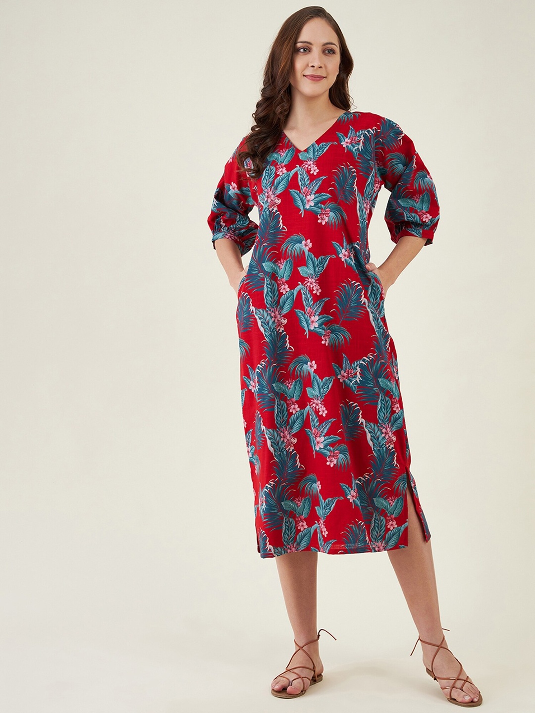 

The Kaftan Company Women Tropical Printed Linen Cover-up Dress, Red