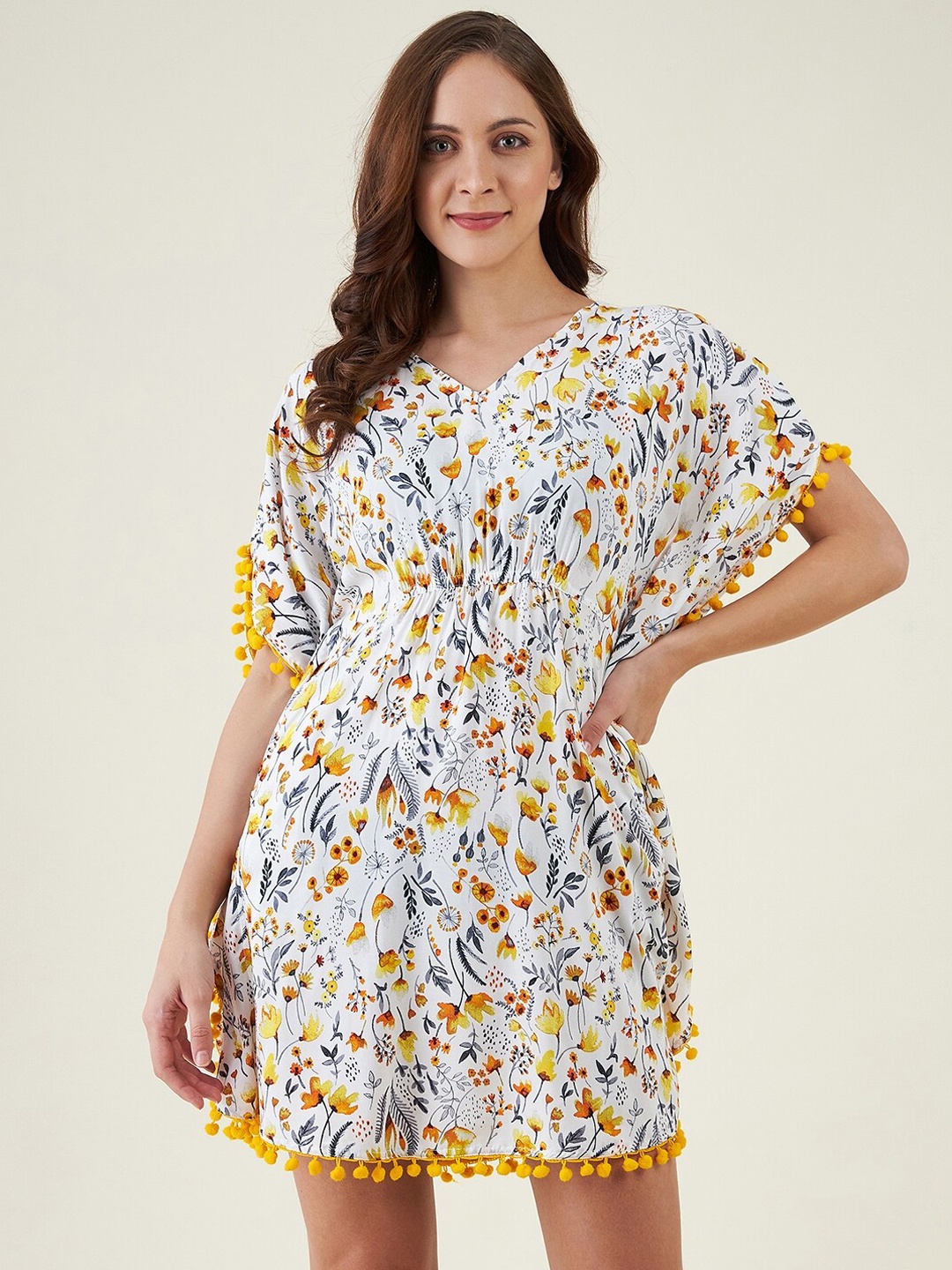 

The Kaftan Company Women Floral Printed Kaftan With Pompoms, White
