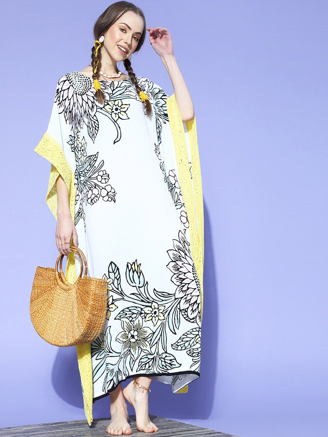 

The Kaftan Company Women Sunflowers & Lilies Printed Resort Kaftan, White