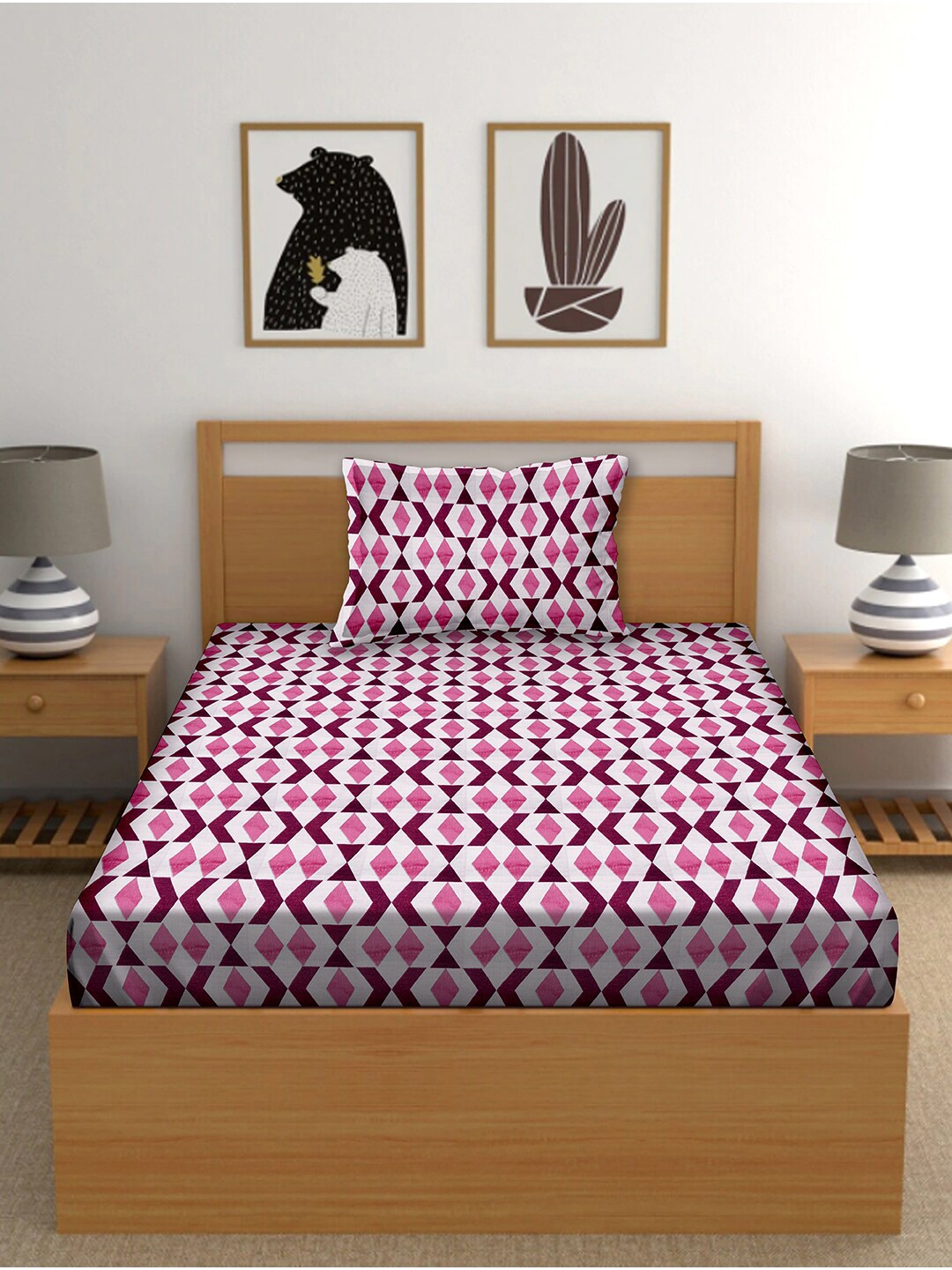 

BELLA CASA Pink & White 150 TC Single Bedsheet with 1 Pillow Covers