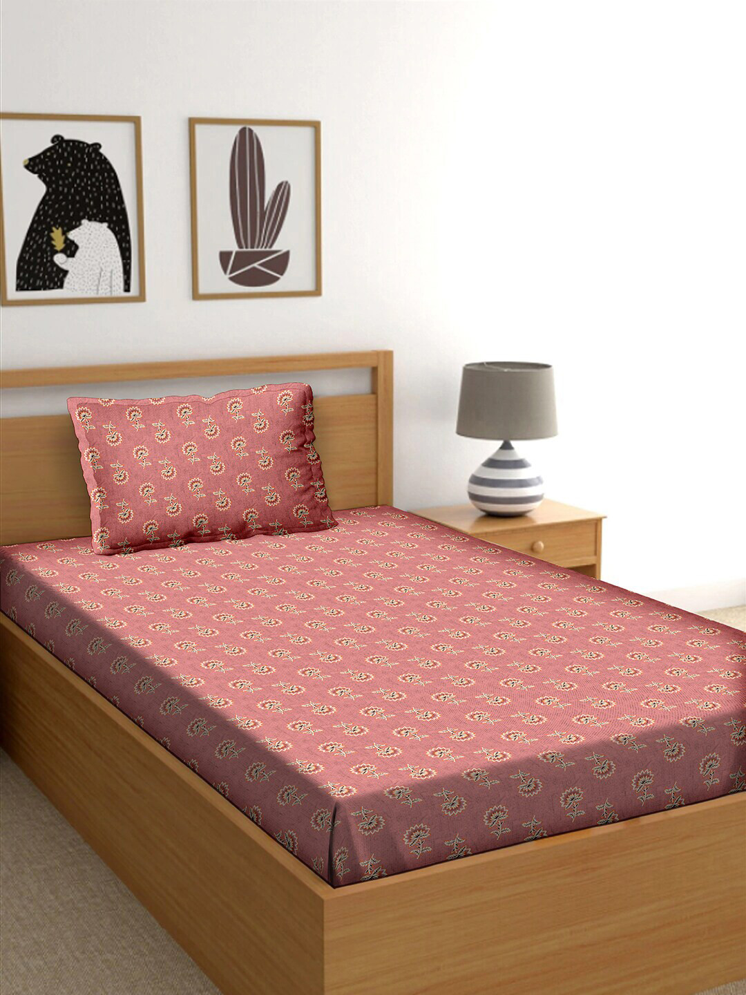

BELLA CASA Pink & Brown Floral 150 TC Single Bedsheet with 1 Pillow Covers