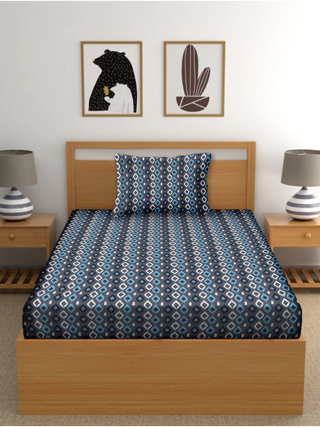 

BELLA CASA Blue & Grey 150 TC Single Bedsheet with 1 Pillow Covers