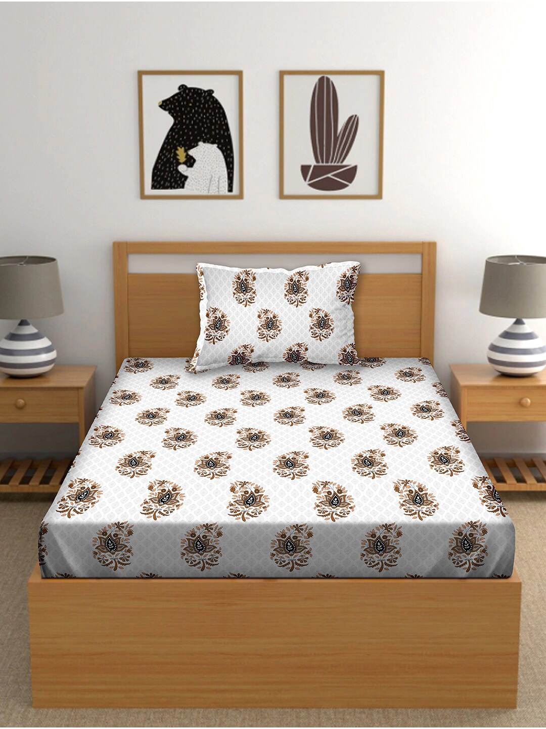 

BELLA CASA White & Grey Ethnic Motifs 150 TC Cotton Single Bedsheet with 1 Pillow Covers