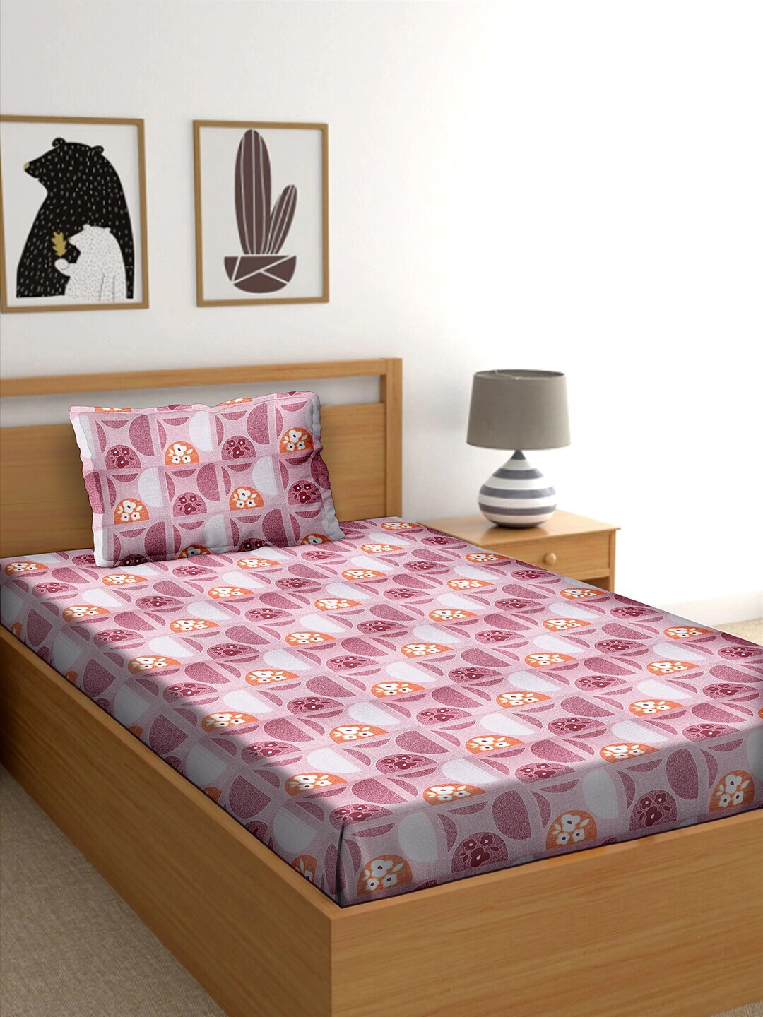 

BELLA CASA Pink & Orange Floral 150 TC Single Bedsheet with 1 Pillow Covers