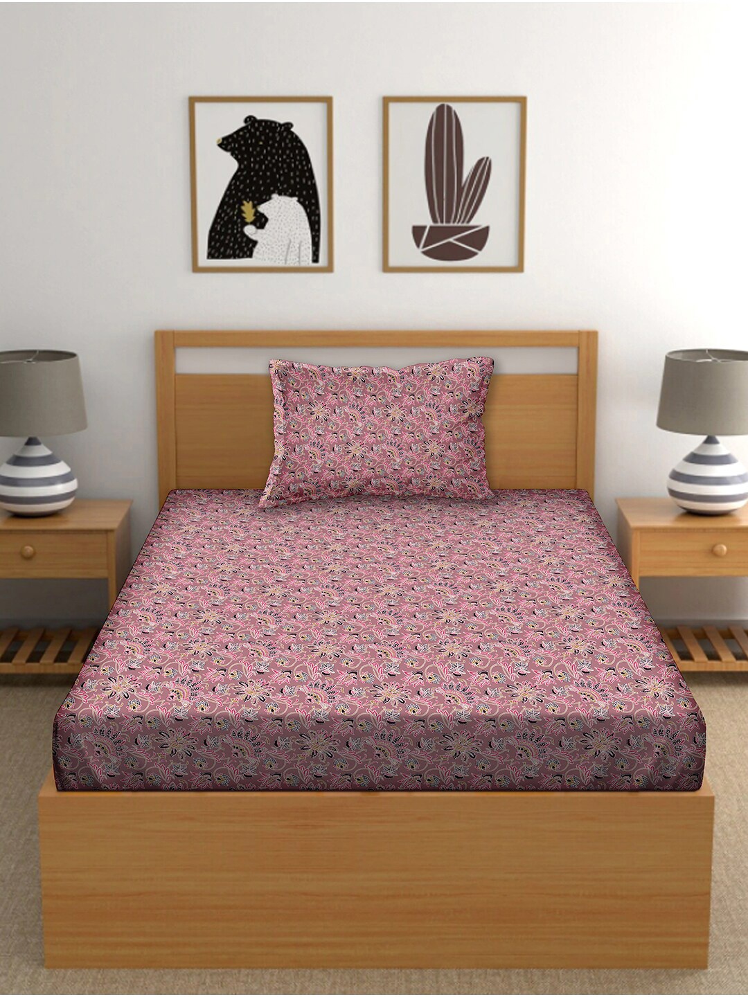 

BELLA CASA Pink & Green Floral 150 TC Single Bedsheet with 1 Pillow Covers