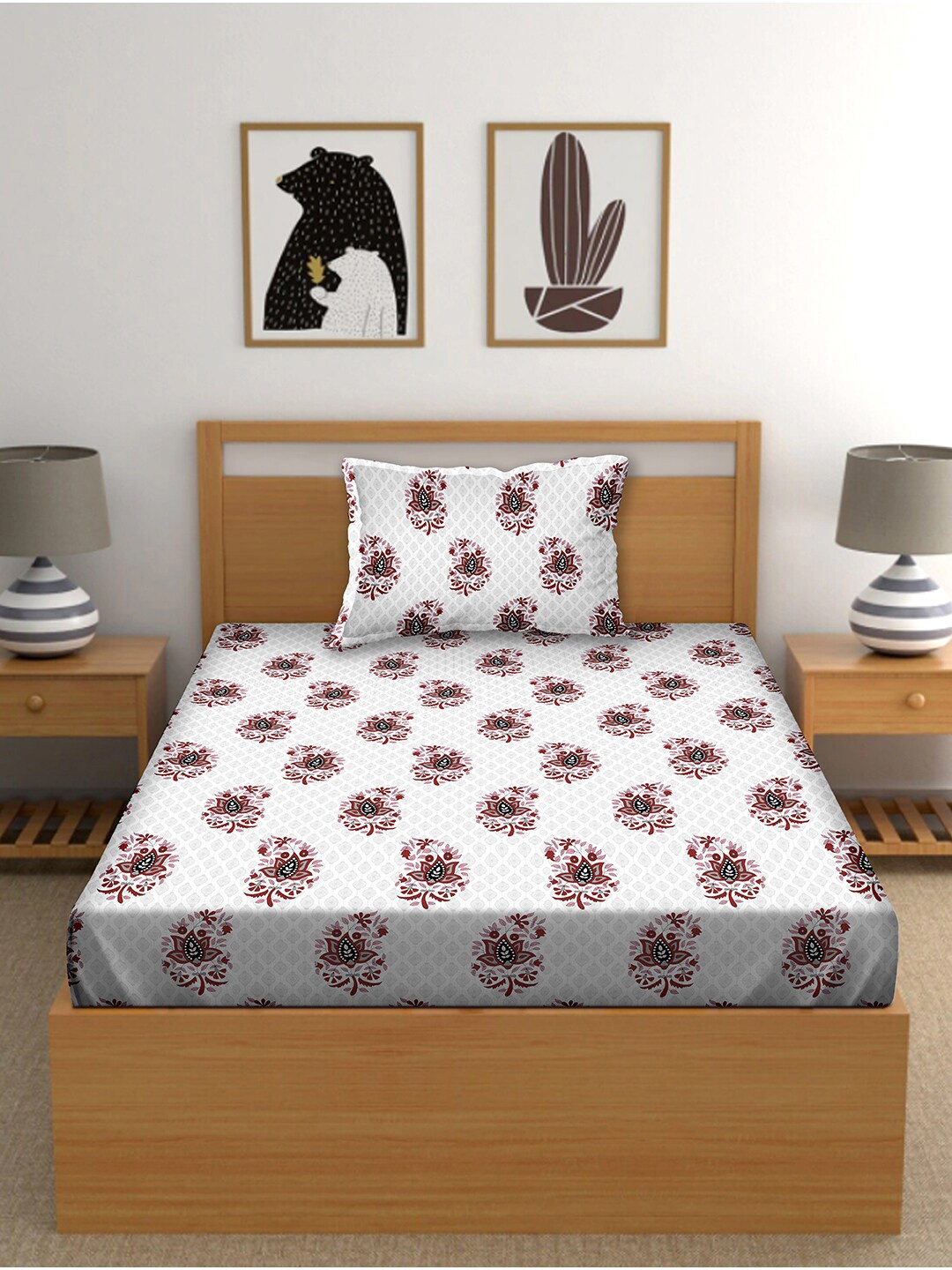 

BELLA CASA White & Pink Floral 150 TC Single Bedsheet with 1 Pillow Covers