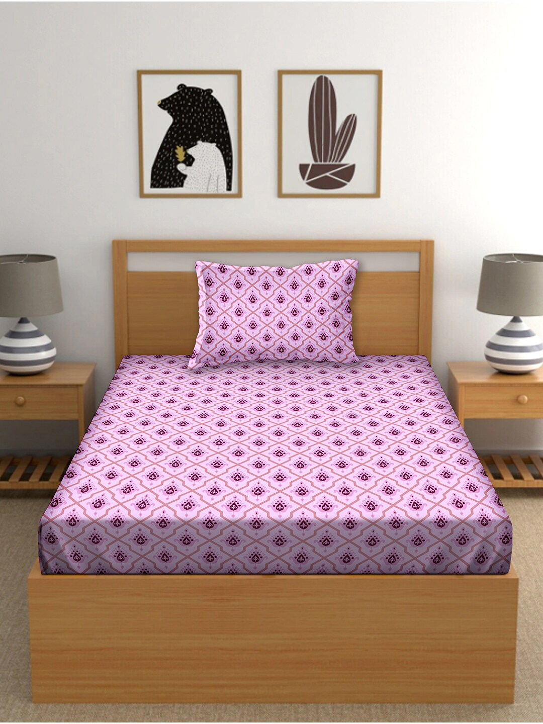 

BELLA CASA Pink & Coffee Brown Ethnic Motifs 150 TC Single Bedsheet with 1 Pillow Covers