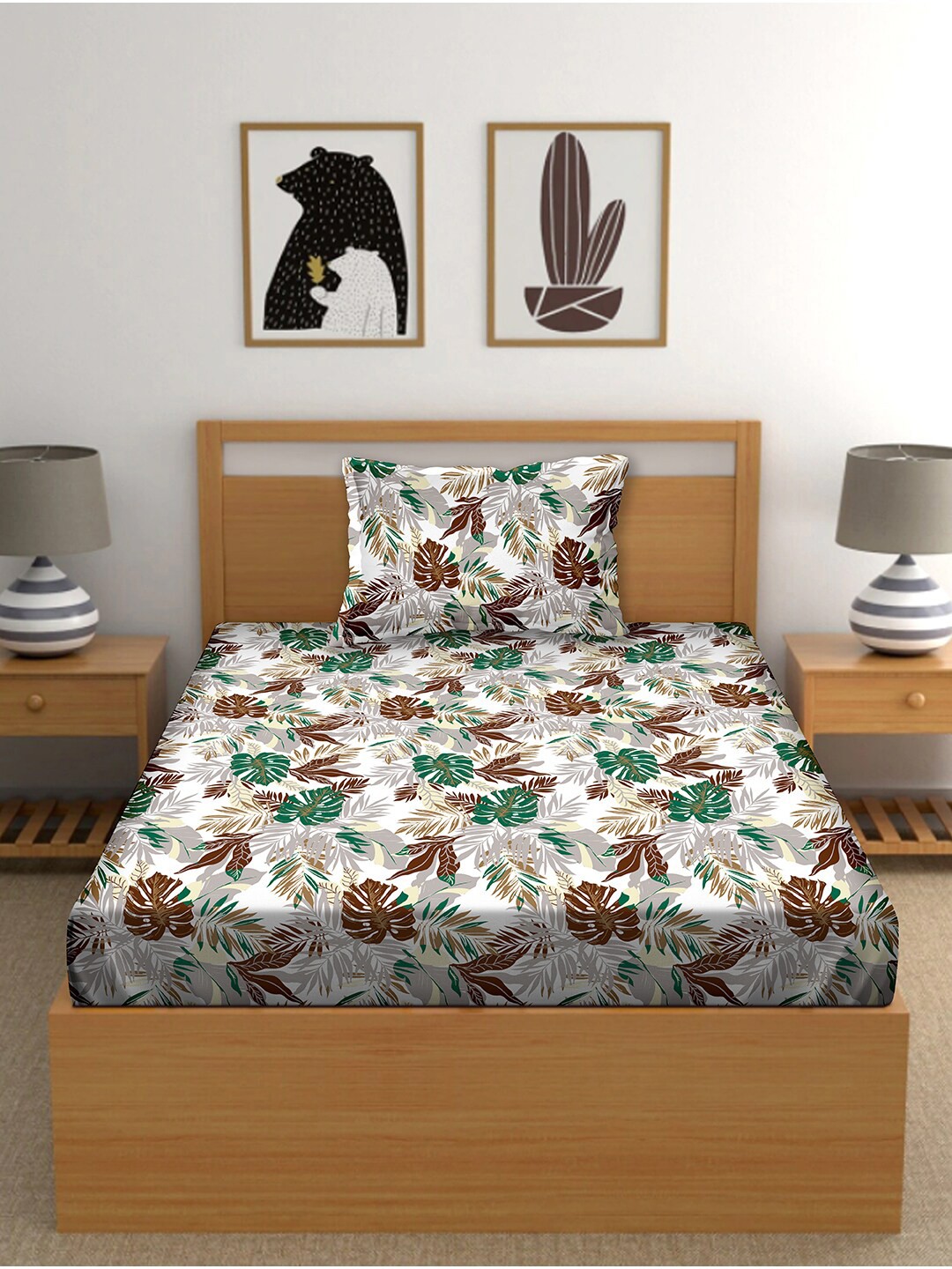 

BELLA CASA White & Brown Floral 150 TC Single Bedsheet with 1 Pillow Covers
