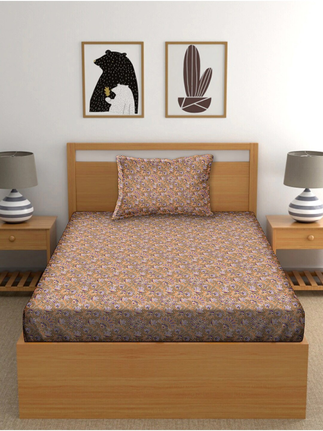 

BELLA CASA Brown & Yellow Floral 150 TC Single Bedsheet with 1 Pillow Covers