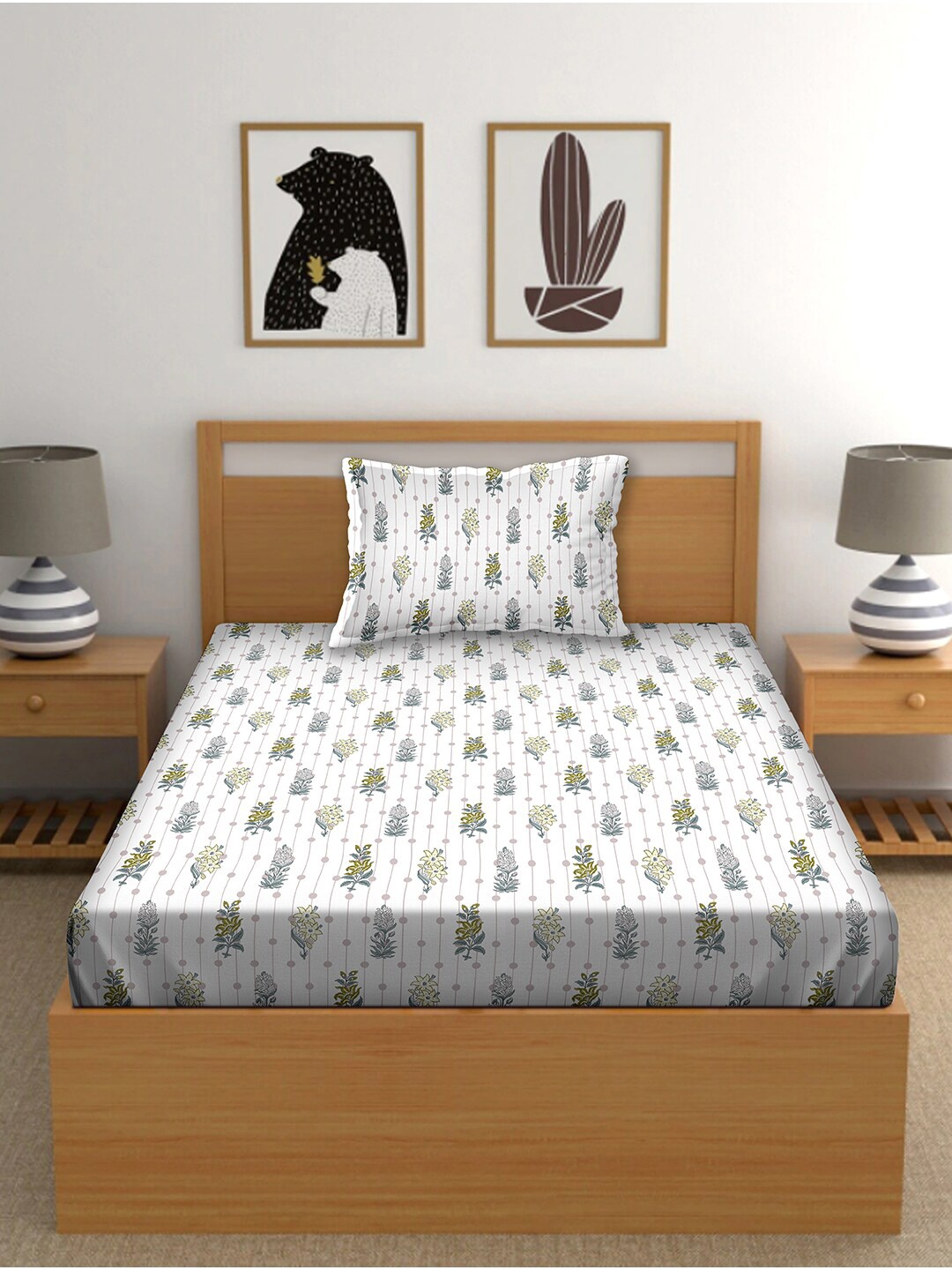

BELLA CASA White & Green Floral 150 TC Single Bedsheet with 1 Pillow Covers