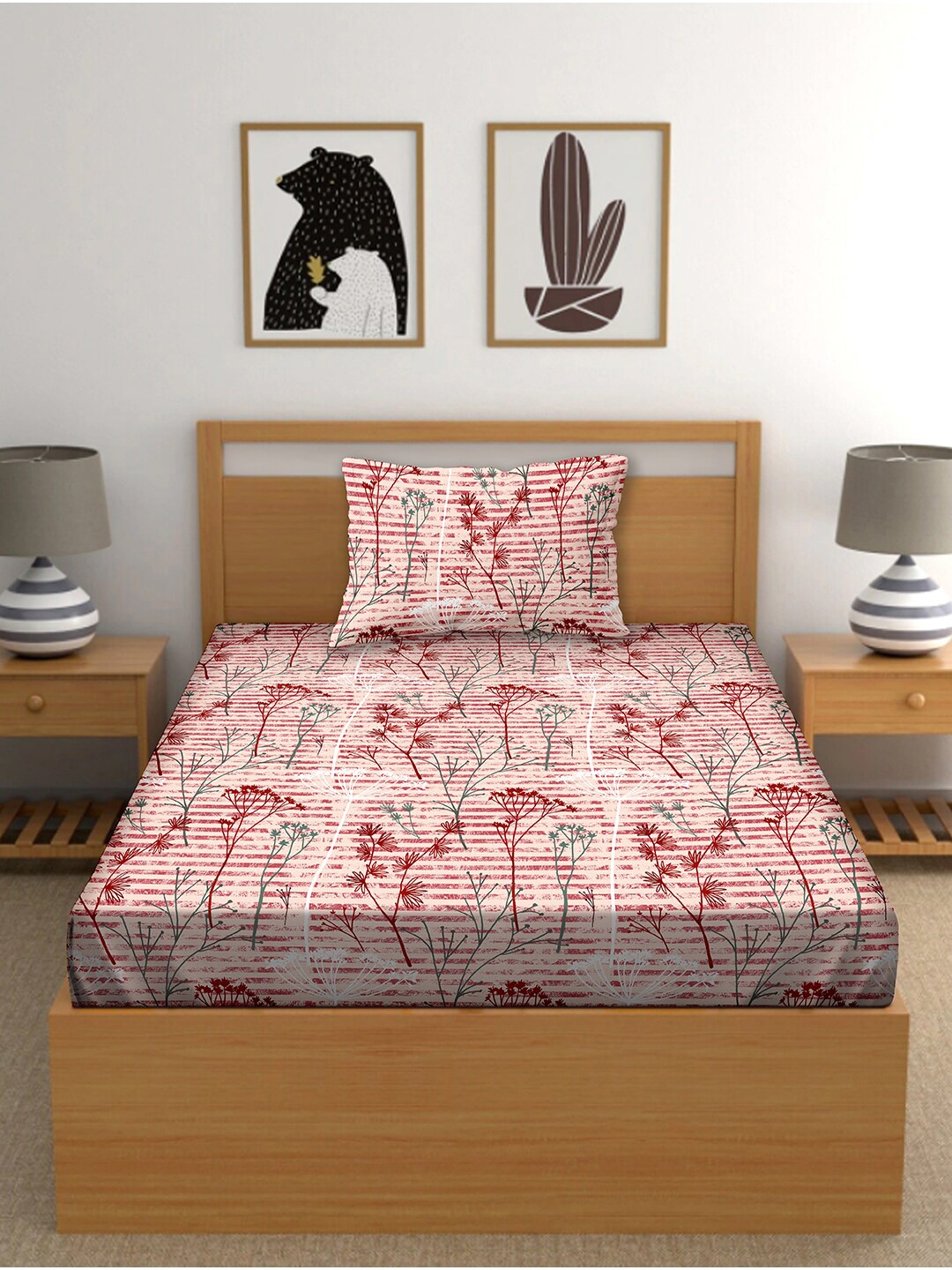 

BELLA CASA Pink & Brown Floral 150 TC Single Bedsheet with 1 Pillow Covers