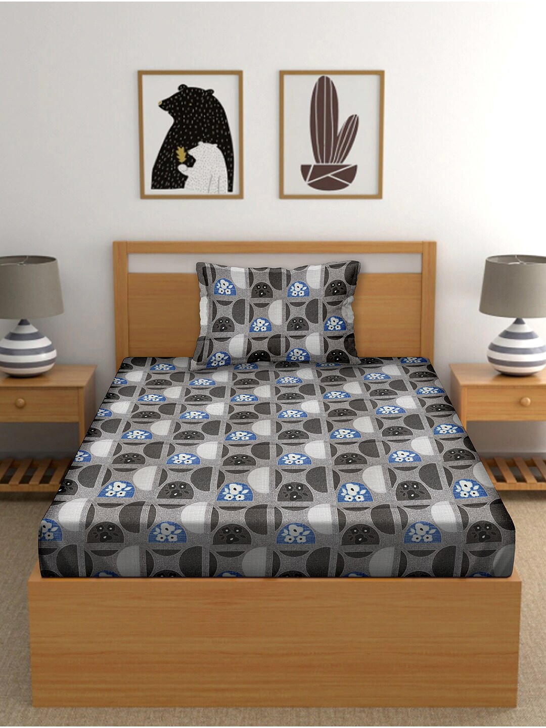 

BELLA CASA Grey & Blue 150 TC Single Bedsheet with 1 Pillow Covers